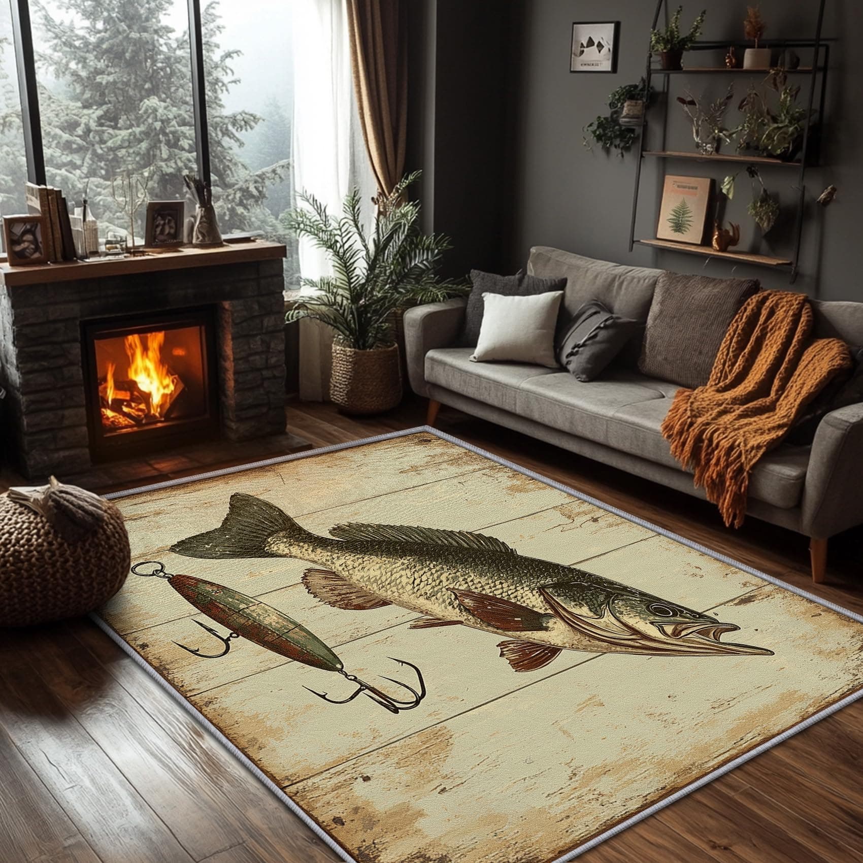 Fishing Rugs for Man Cave - 4x5 Rug - Fishing Rug - Bass Fish Wildlife Rustic Area Rug - Big Pike Hunting Rugs - Wild Animal Carpet - Fishing Home Decor
