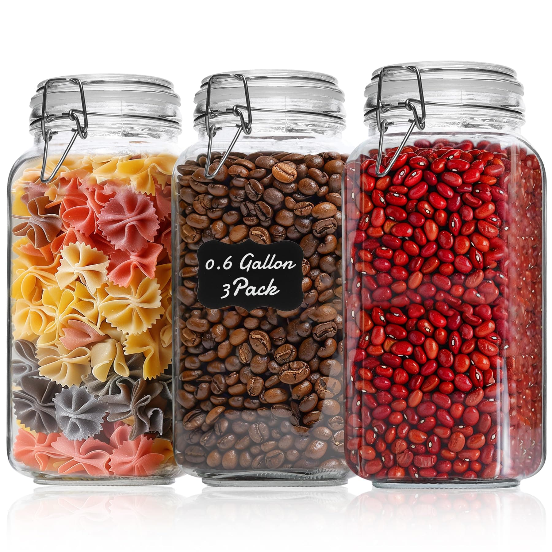 ComSaf Airtight Glass Canister Set of 3 with Lids 78oz Food Storage Jar Square - Storage Container with Clear Preserving Seal Wire Clip Fastening for Kitchen Canning Cereal,Pasta,Sugar,Beans,Spice