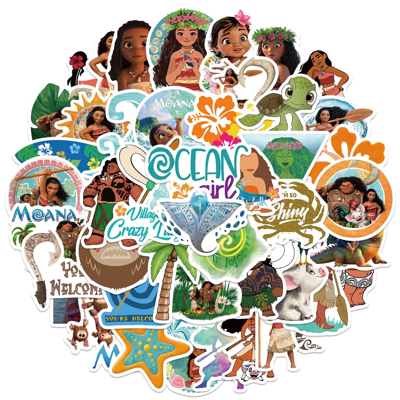 50 Pcs Moana Stickers for Water Bottles, Cute Vinyl Waterproof Vsco Laptop Skateboard Stickers Aesthetic Computer Phone Stickers for Kids Teens Girls, Sticker Packs