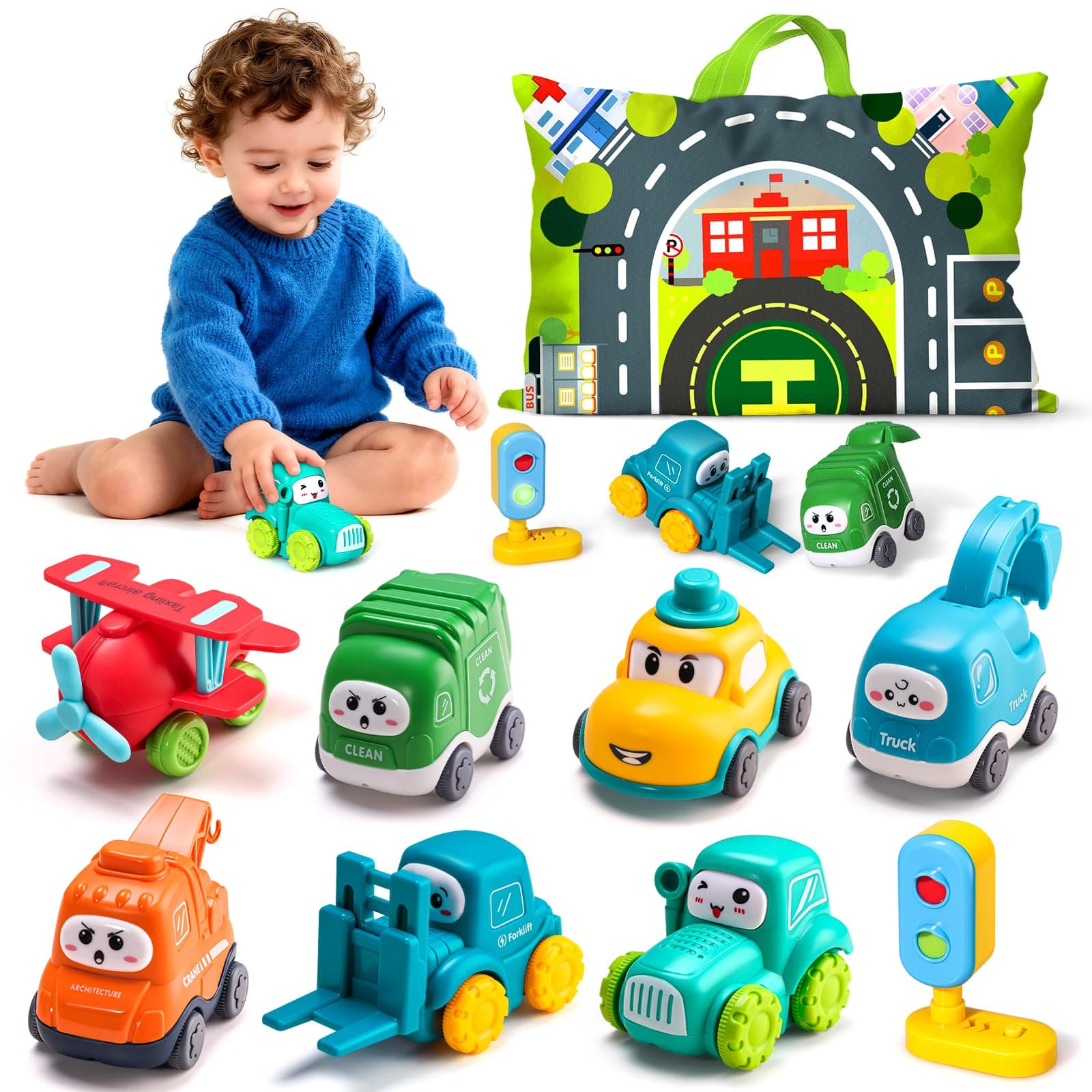 ALASOU 8 PCS Baby Cranes Car Toys for 1 Year Old Boy with Playmat/Storage Bag|1st Birthday Gift Easter Basket Stuffers for Toddler Toys 1-2|Baby Toys 1 Year Old Boy Gifts for Infant 12 18 Months