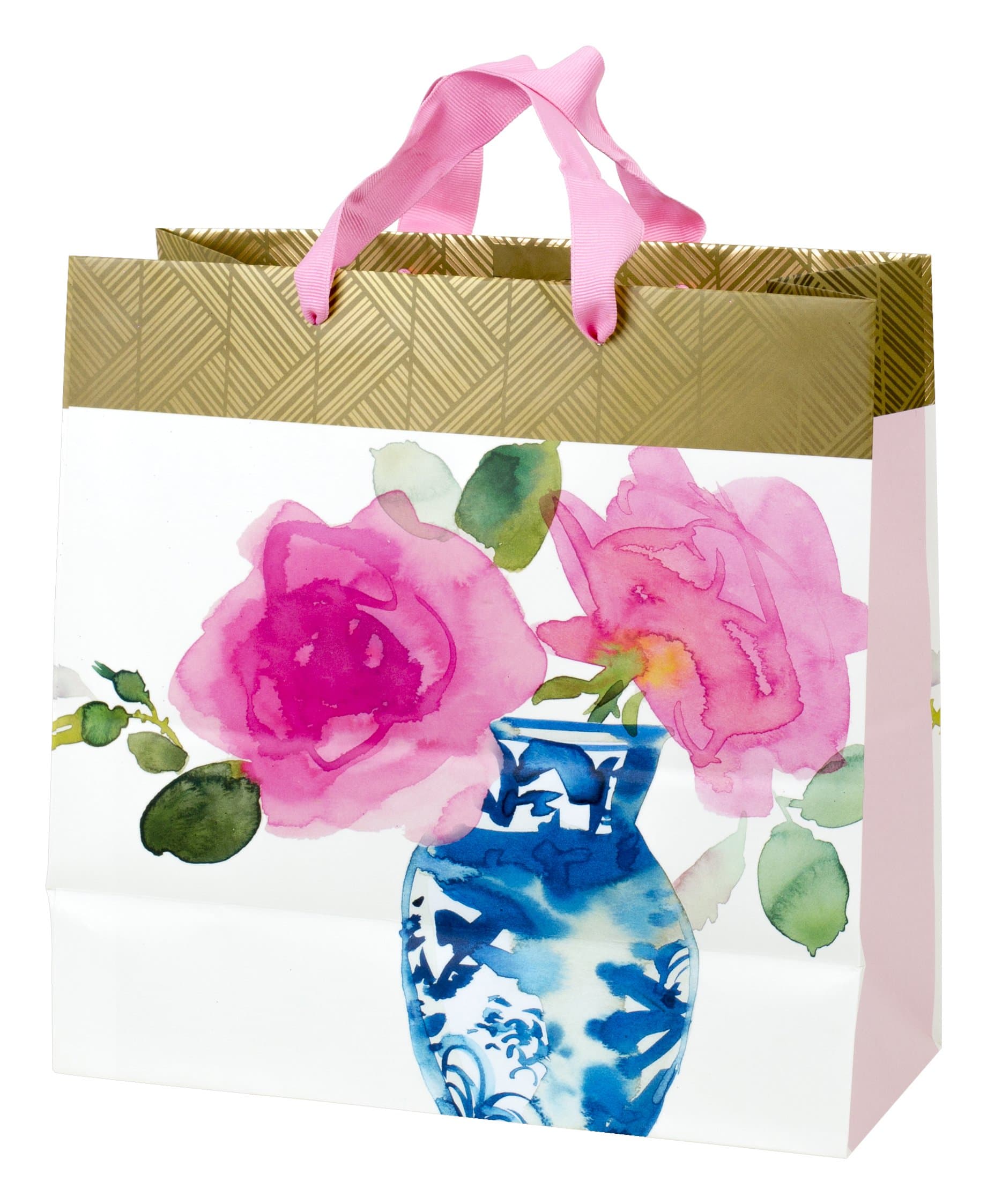 10" Large Square Gift Bag (Watercolor Flower and Vase) for Birthdays, Mothers Day, Anniversary, Bridal Showers and More
