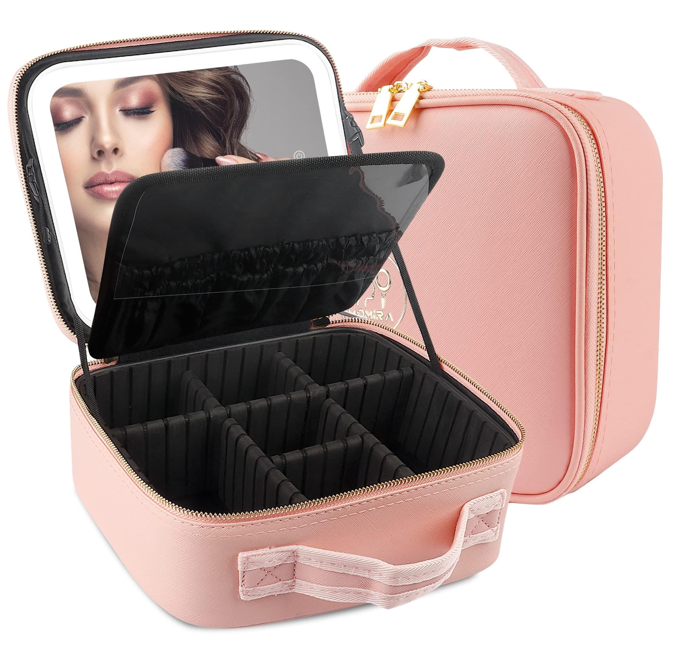 Travel Makeup Bag Cosmetic Bag Makeup Organizer Bag with Lighted Mirror, Adjustable Brightness in 3 Color Scenarios, Waterproof Makeup Train Case, Gift for Women - Pink