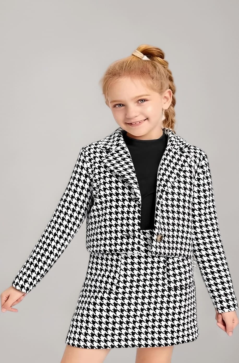 BLOOD PANTHER Girl’s Checkered Blazer Jacket and Skirt Co-ord Set | Stylish for Girls | Party Outfit | Kids Trendy Clothing Set__3-Piece-Black-10-11 Year