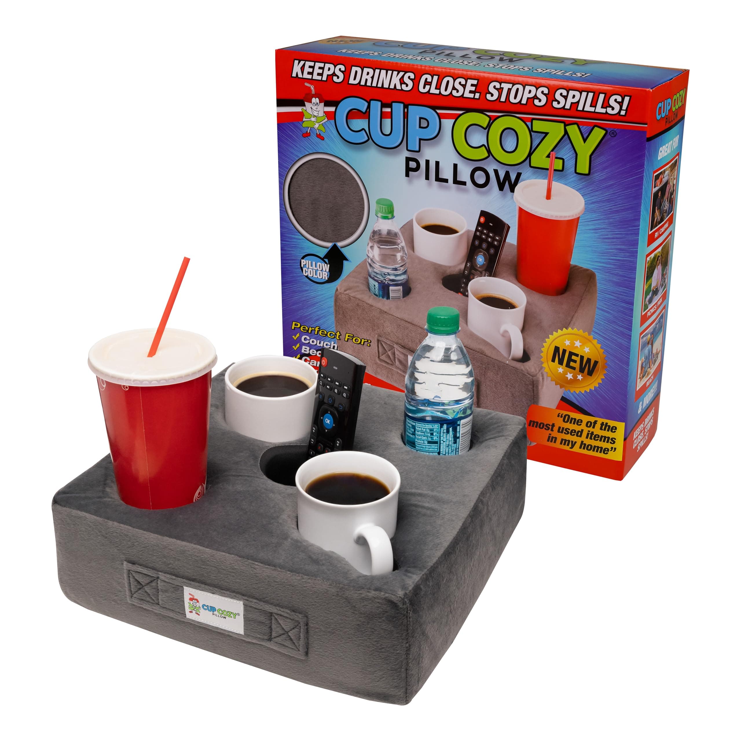 Cup Cozy Deluxe Pillow (Gray) *As Seen on TV* -The World's Best Couch Cup Holder Pillow! Cup Holder Pillow for The Couch, Sofa, Bed, Car, RV, Park & More! Drinks, Remotes, & Snacks Holder Tray