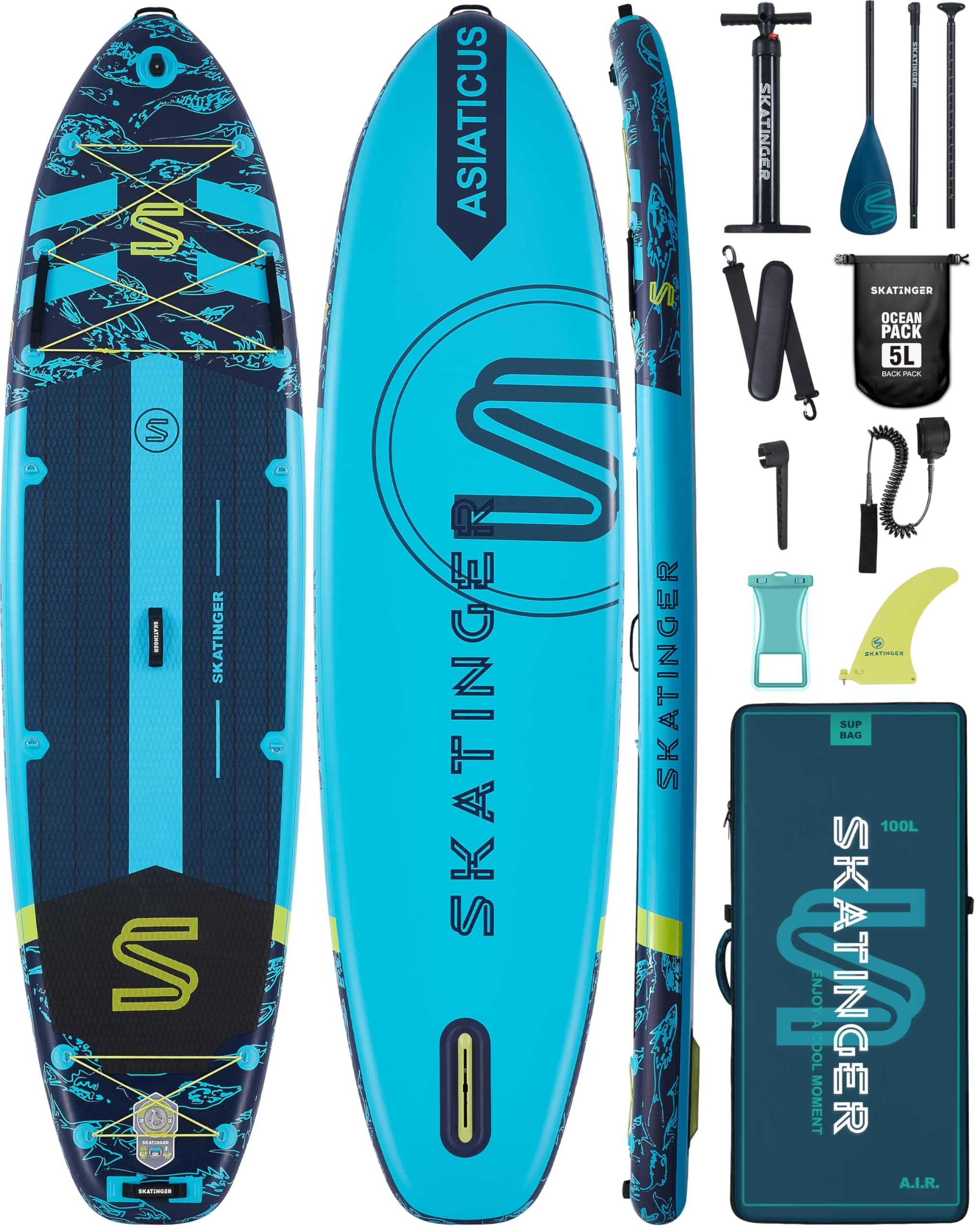 Skatinger 11'6×35" Super Wide Inflatable Paddle Board, Ultra Stable Stand Up Paddleboards for 450lb/3 People/Family/Big Size w/Shoulder Strap, 100L Backpack, All-Round Sup Board, US Fin
