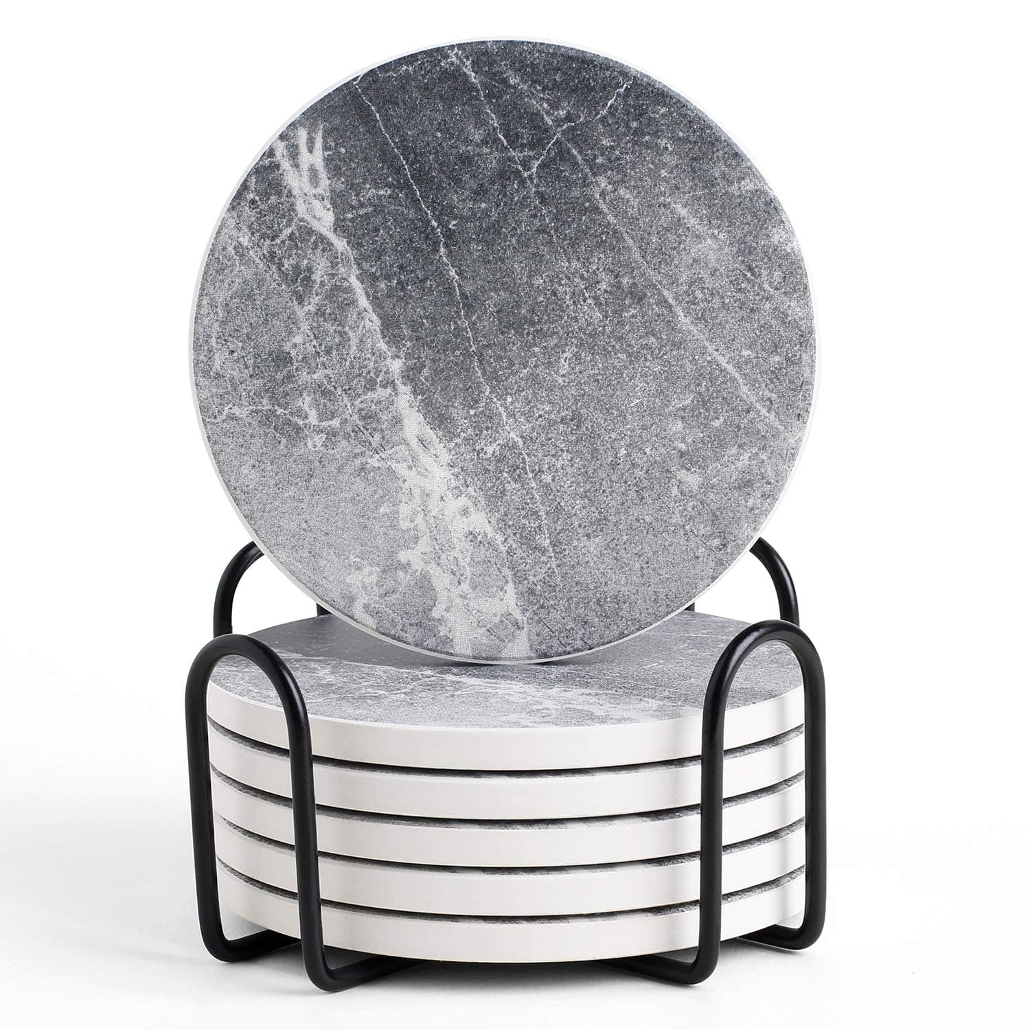 LIFVER Coasters for Drinks Absorbent, Living Room Decor, Ceramic Coasters Set of 6 with Cork Base, Protect Wooden Table or Furniture from Scratched, Drink Coasters with Holder - Grey