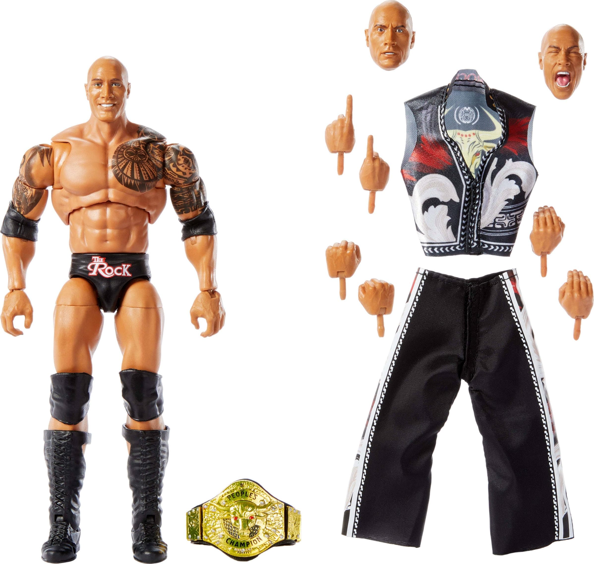 Mattel WWE Ultimate Edition Action Figure & Accessories, 6-inch The Rock Collectible Set, Swappable Heads & Hands, 30 Articulation Points