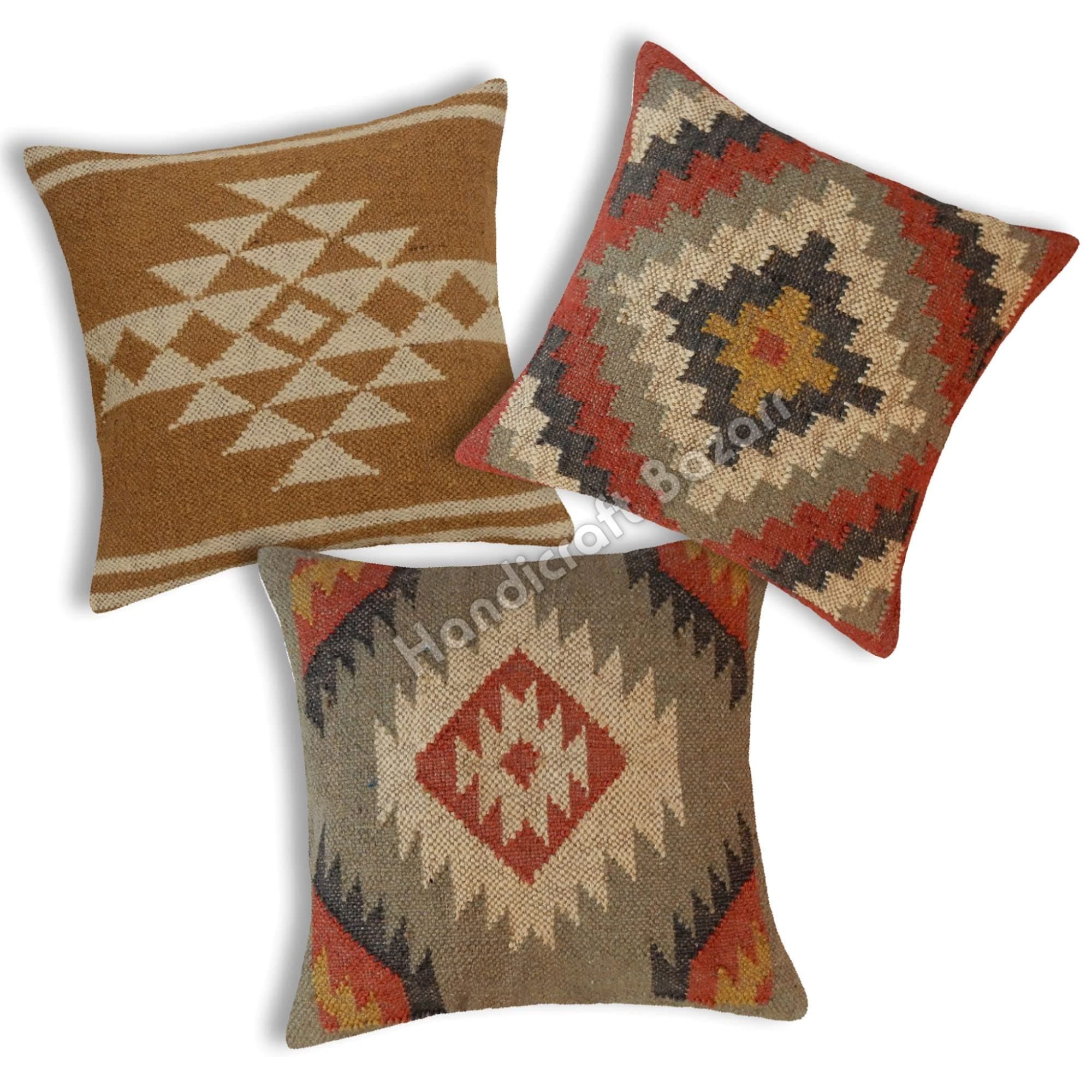 Handicraft Bazarr Cushion Cover Wool Jute Boho Maternity Pillows Decorative Cover Floor Cushions 3 Pcs, 45x45 Cm (Multi-J)