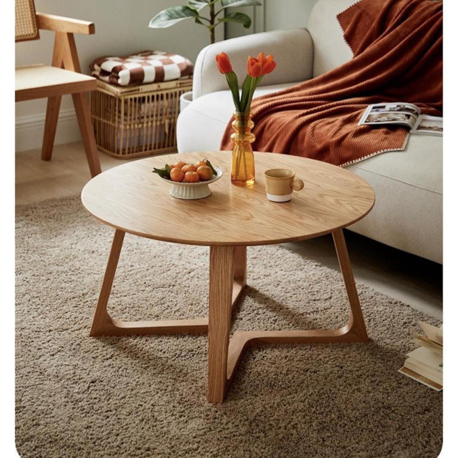 Wood Round Coffee Table,100% Solid Wood Coffee Table With Bow-Wood Base Legged Side Table,For Small Space Living Room Office Modern Center Circle Coffee Table