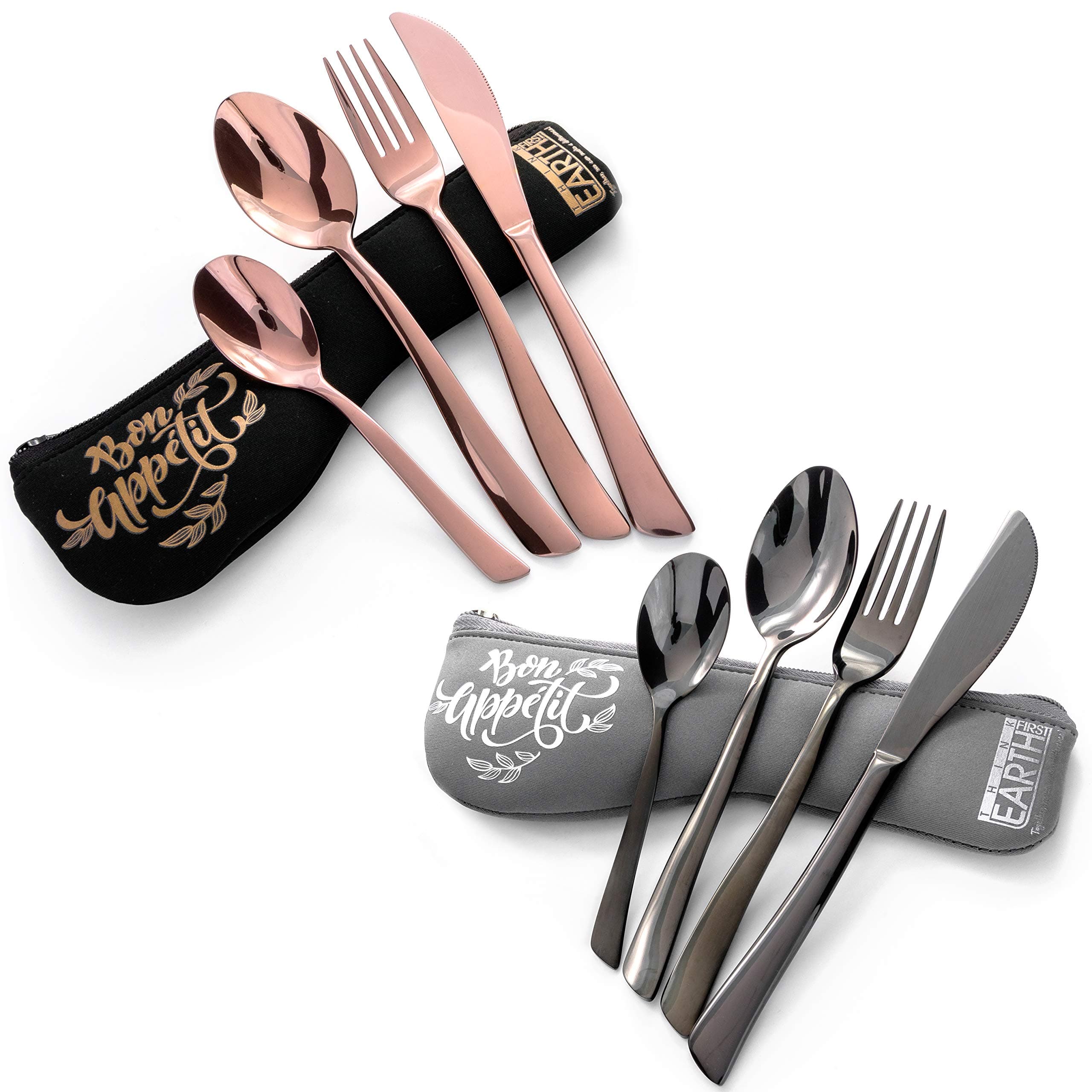 Elegant Portable Utensils - High Quality Stainless Steel Flatware with Neoprene Case - Cutlery Sets To Go - Reusable, Durable and Eco Friendly - Set of 2 (10 Pieces) - Black and Rose Gold Silverware