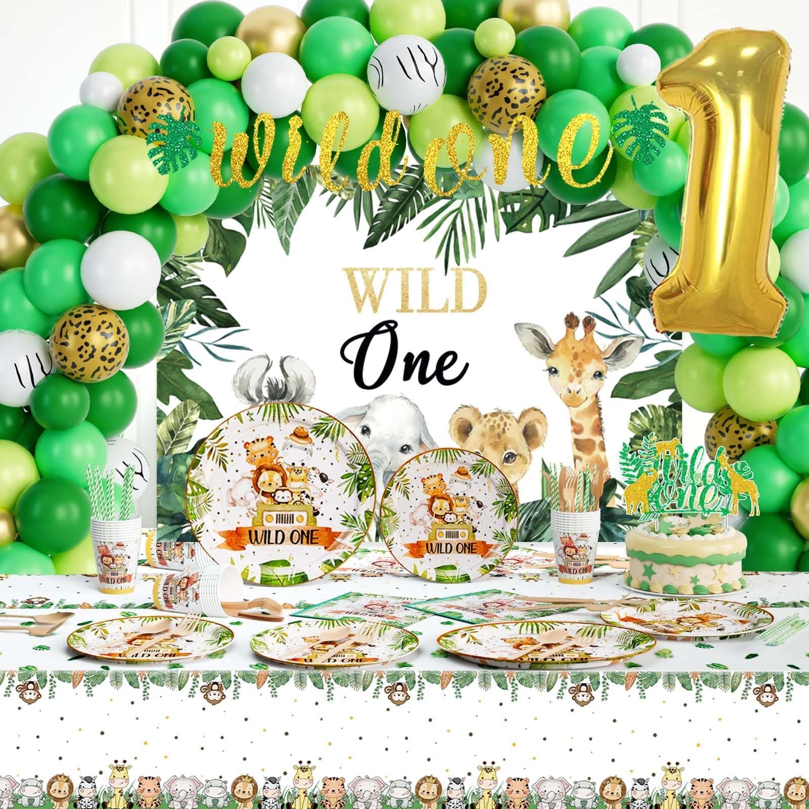 Wild One Birthday Decorations for Boys, 212 PCs Safari 1st Birthday Party Supplies, Jungle Animal Themed First Party Decor Tableware Set With Backdrop Balloon Plate Napkin Knife Fork Spoon