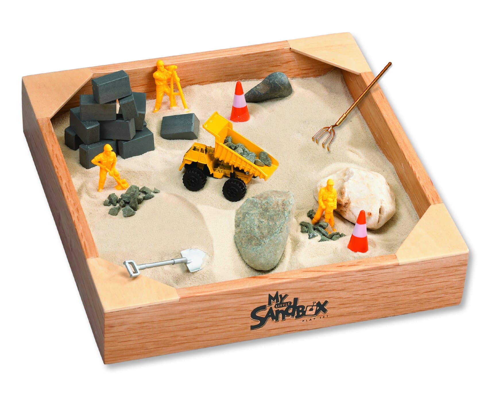 Tabletop Big Builder Construction Playset - Natural Ultra Fine Play Sand and Over 20 Accessories - 10” x 10” Wood Sandbox Tray - Includes 20” x 20” No Mess Play Mat - Ages 3+