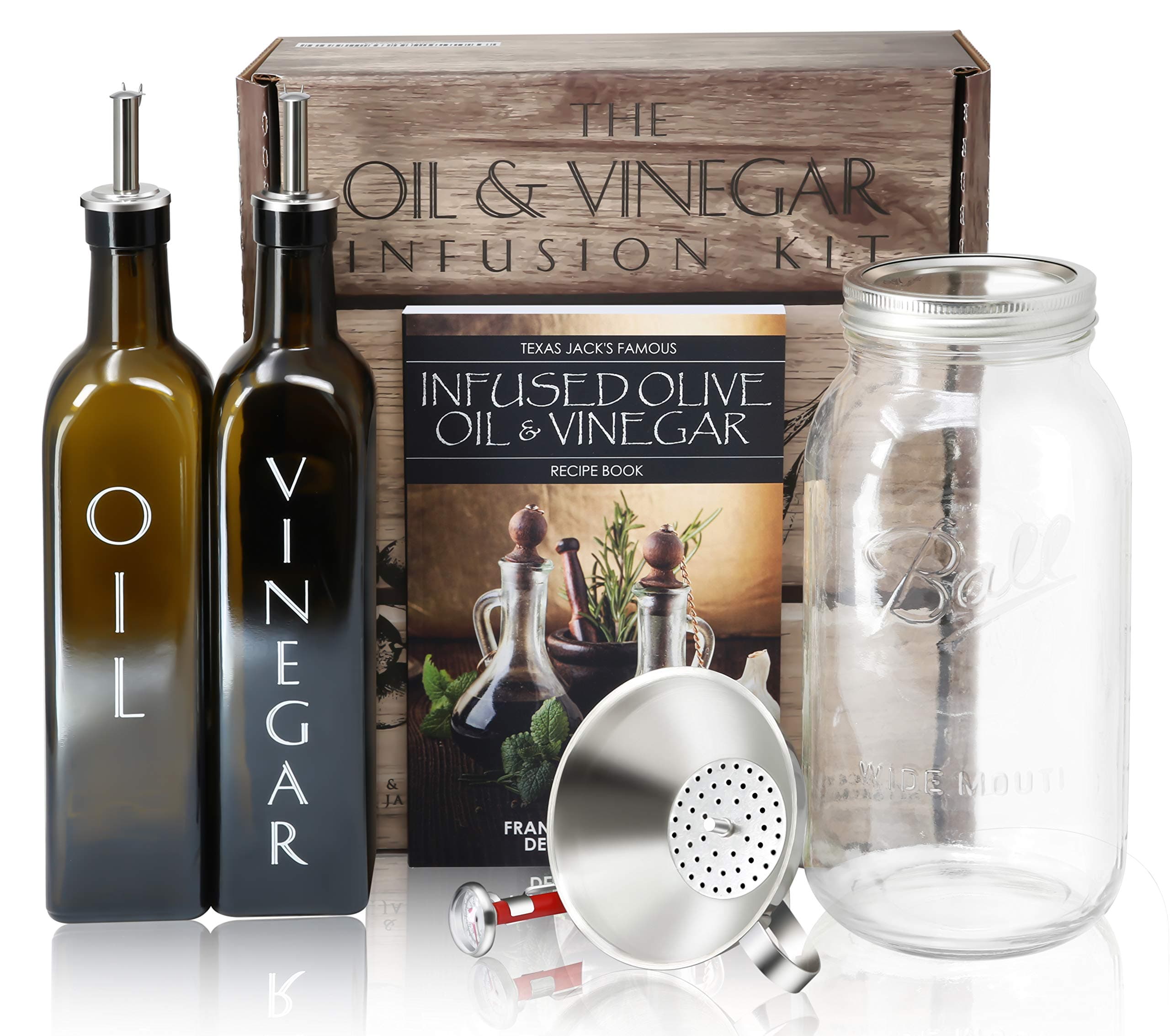 Olive Oil & Vinegar Infusion Kit - Book with 40 Recipes, Set of Green Glass Bottles with Dispensers, Mason Jar, Funnel & Strainer, and Thermometer
