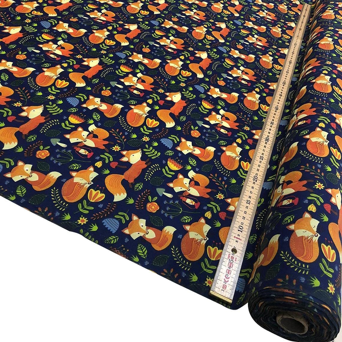 Polycotton Fabric Busy Sleepy Fox Material Sold by The Metre 114cm Wide (1 Metre) (Navy)
