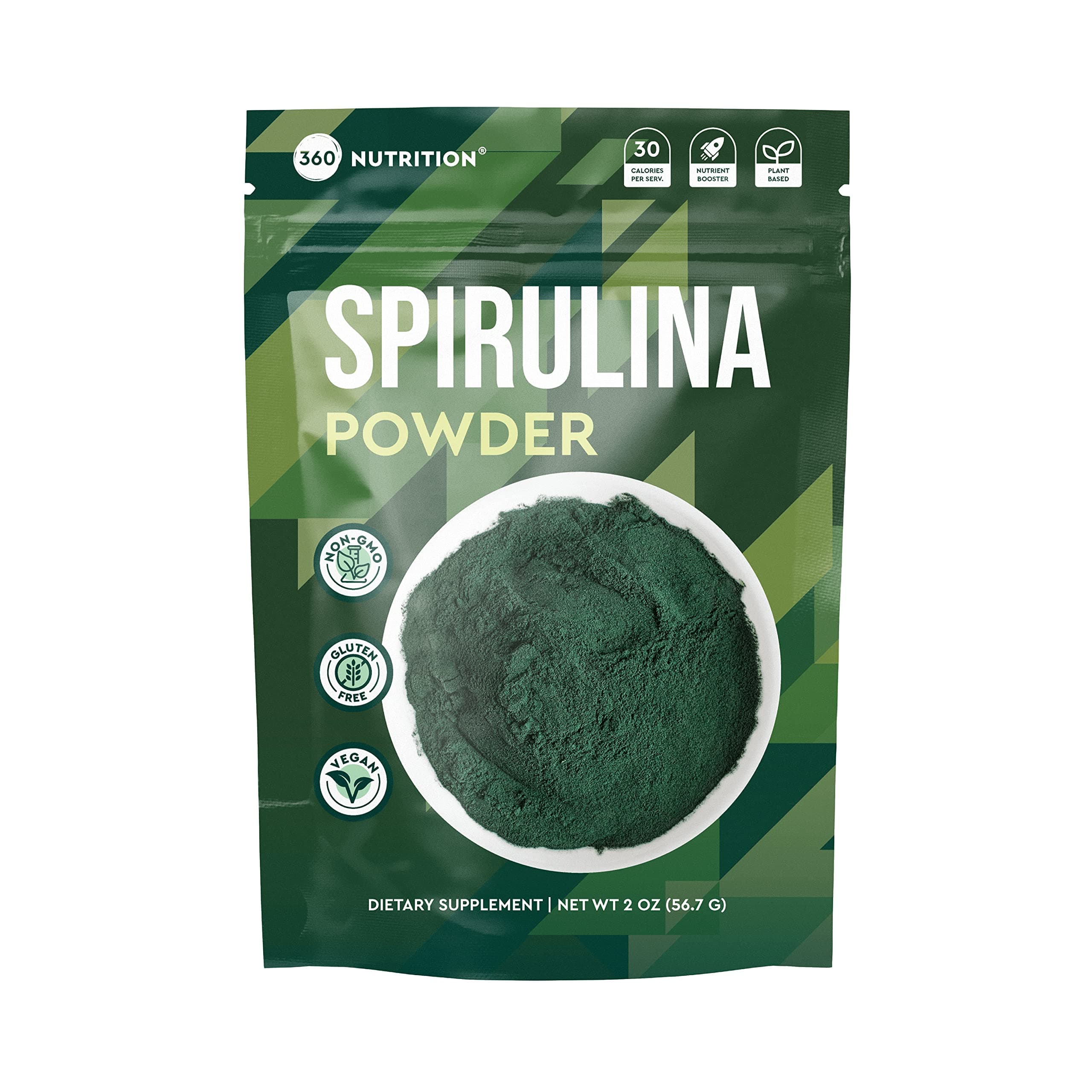 360 Nutrition Spirulina Powder, Vitamin A, B Vitamins, Iron, Protein & Amino Acids, Vegan, Non GMO, for Caffeine Free Energy, Digestive Health, and Immune Support, 6g Plant Based Protein, 2 oz