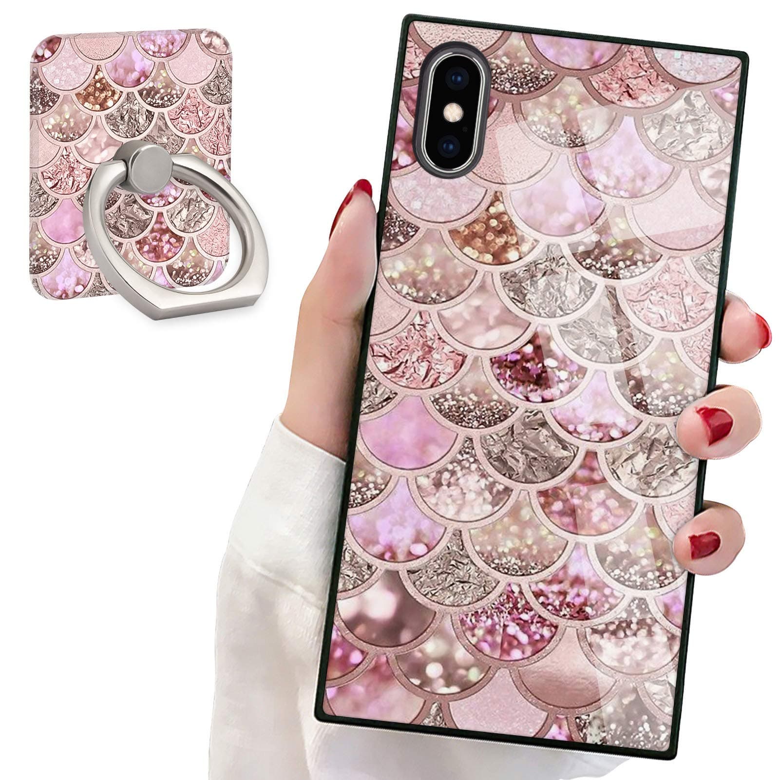 Pink Mermaid Scale Square Phone Case iPhone Xs Max Retro Elegant Phone Cover Soft TPU Case for iPhone Xs Max 6.5 inch