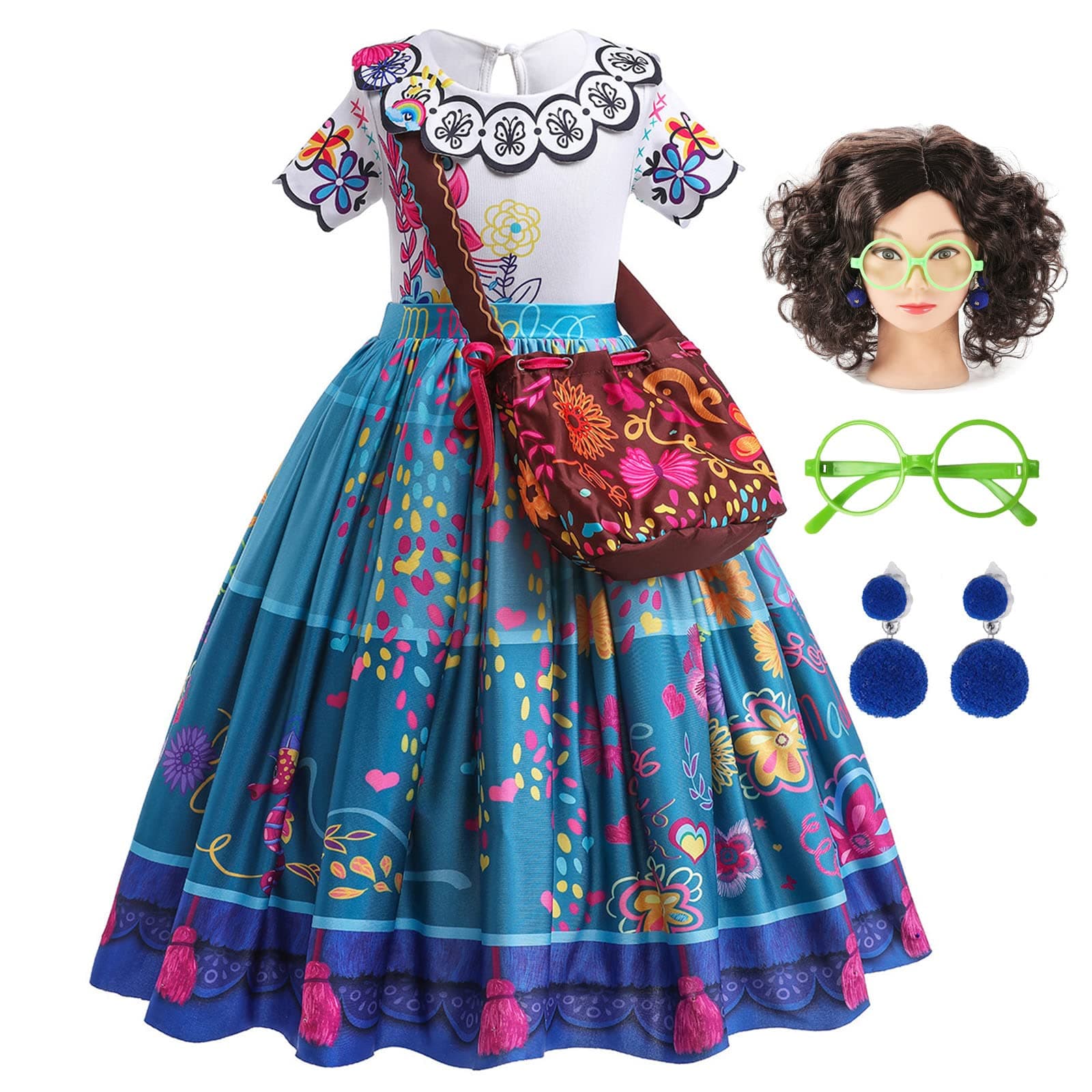 Mirabel Isabella Dress Halloween Costume Cosplay Outfit for Kids Girls with Wig Glasses Bag Accessories