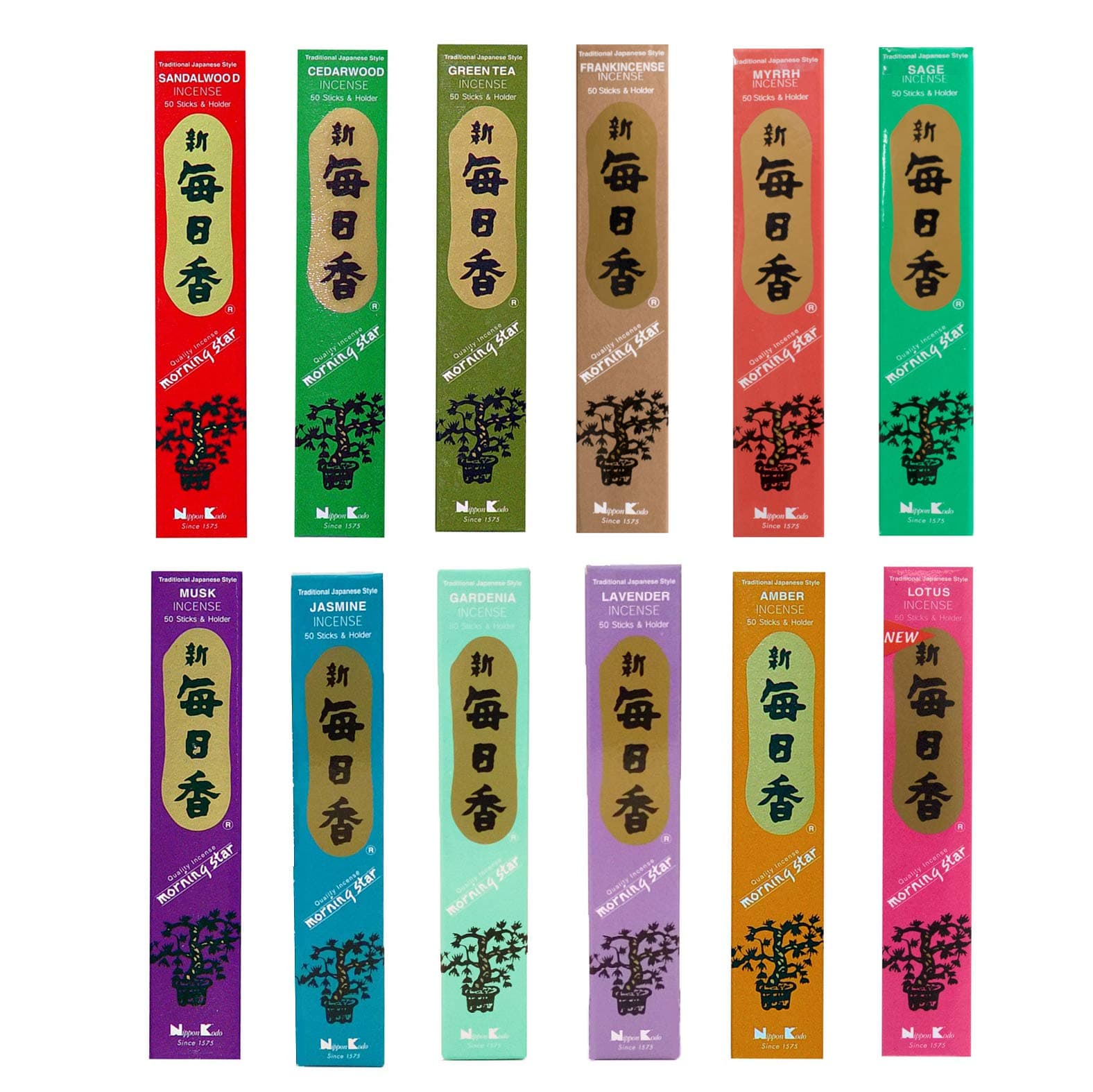 Morning Star Nippon Kodo Incense - 12 Fragrance Assortment (Total 12x50, 600 Sticks) - Sandalwood, Cedarwood, Green Tea, Frankincense, Myrrh, Sage, Musk, Jasmine, Gardenia, Lavender, Amber, Lotus