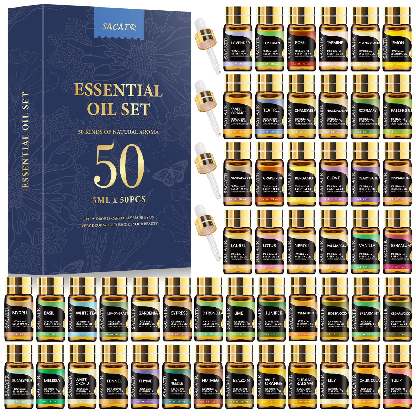 50 Pcs Essential Oils by SACATR Natural Essential Oil Set -Essential Oils Gift Set for Diffuser, Home Care, DIY Candle and Soap Making(50 * 5ML)