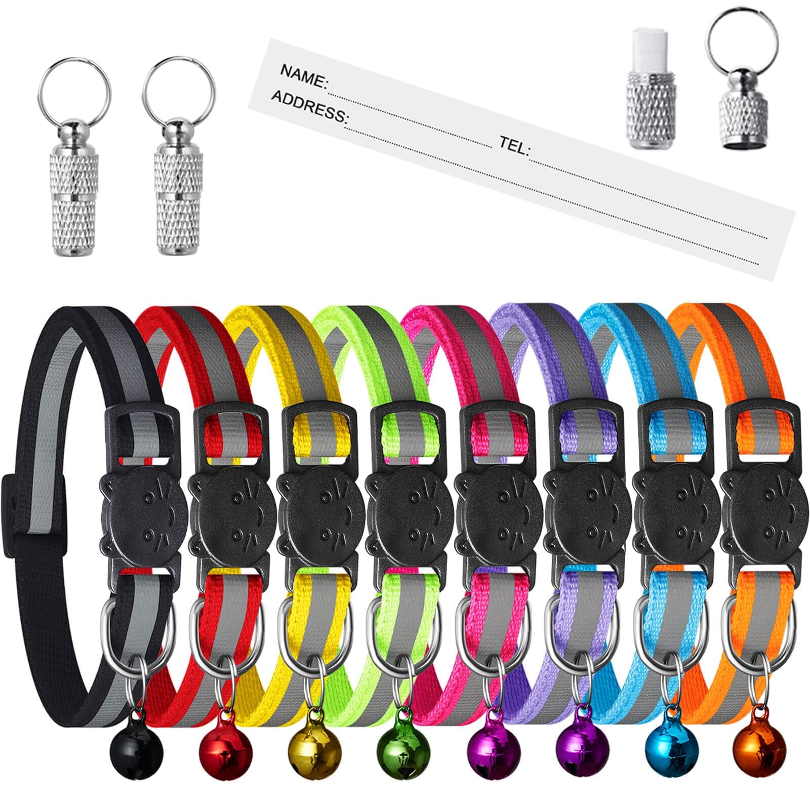Safety Cat Collars Quick Release,Reflective Kitten collar with Bells,Adjustable 7.5''-12.5'',Suitable for Domestic (8 Colors & 2 pack Anti-Lost Tags)