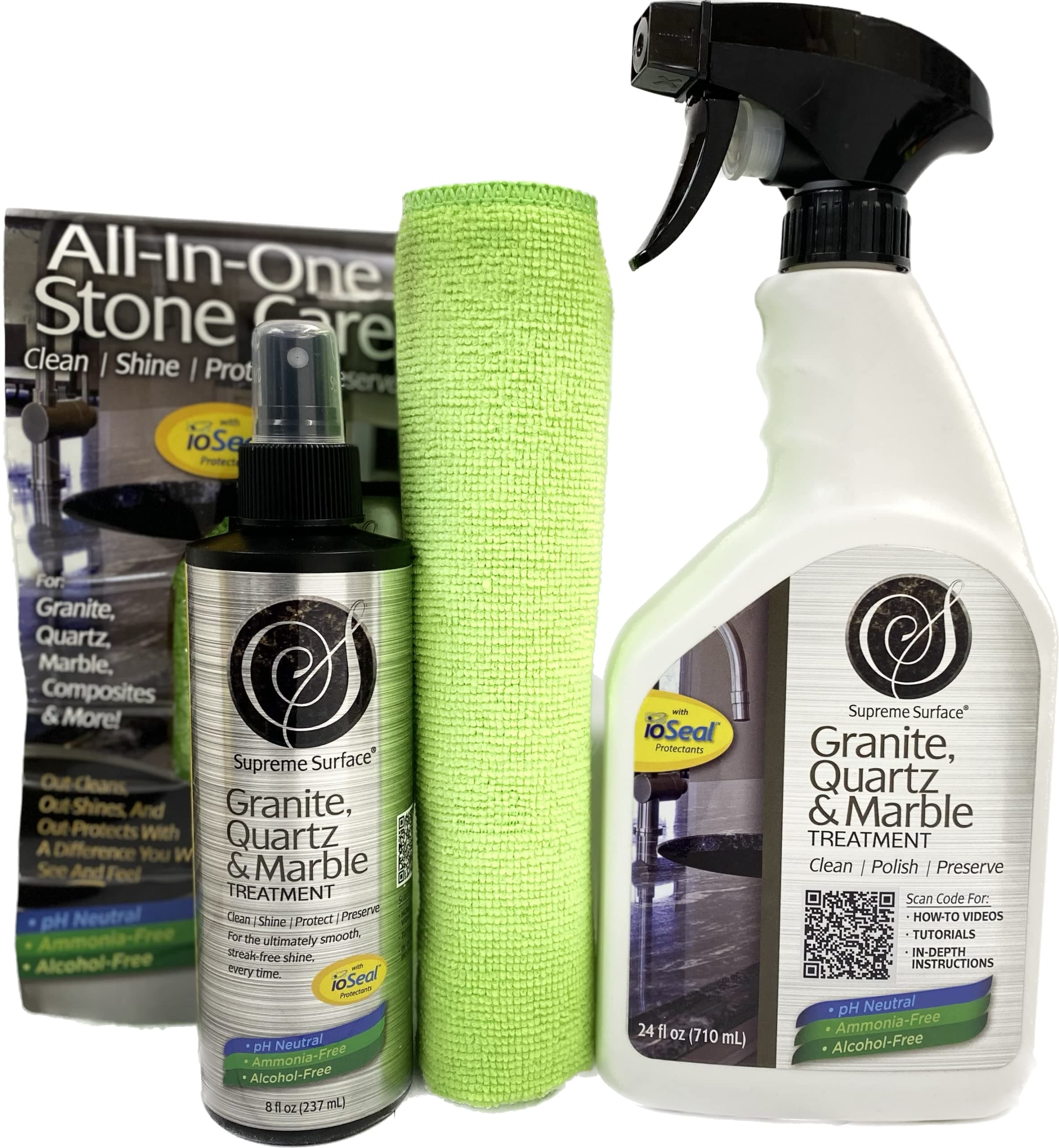Treatment with ioSeal, Granite Quartz Marble Cleaner, Polish, Sealer, 8 fl oz Spray and 24 fl oz Spray, Microfiber Towel, Value Pack