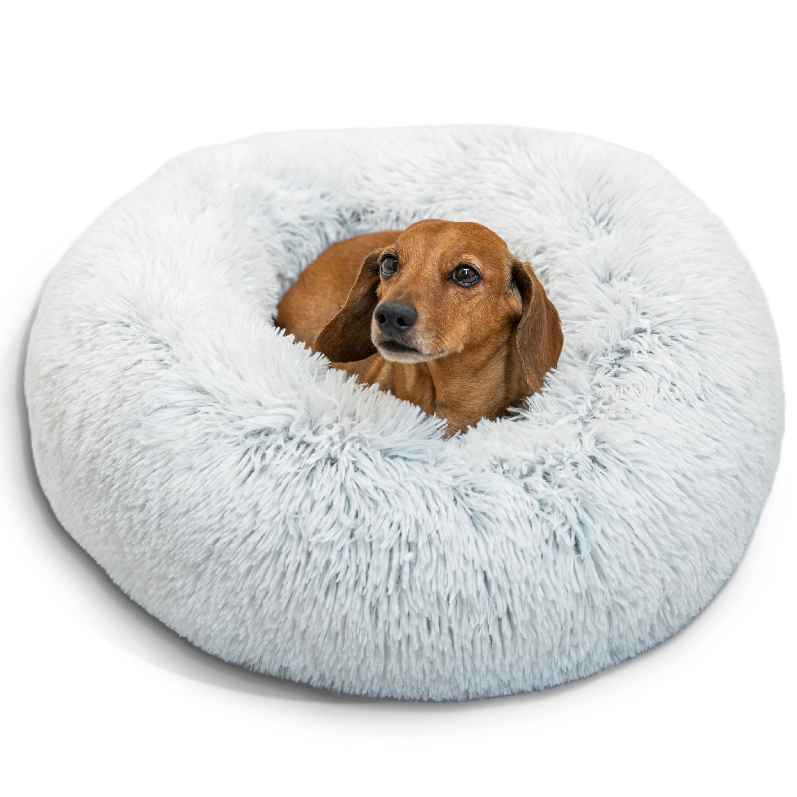Best Friends by Sheri Original Calming Donut Dog and Cat Bed, Shag Faux Fur, Frost Gray, (23in x 23in) - Anxiety Relief for Pets Up to 25 lbs