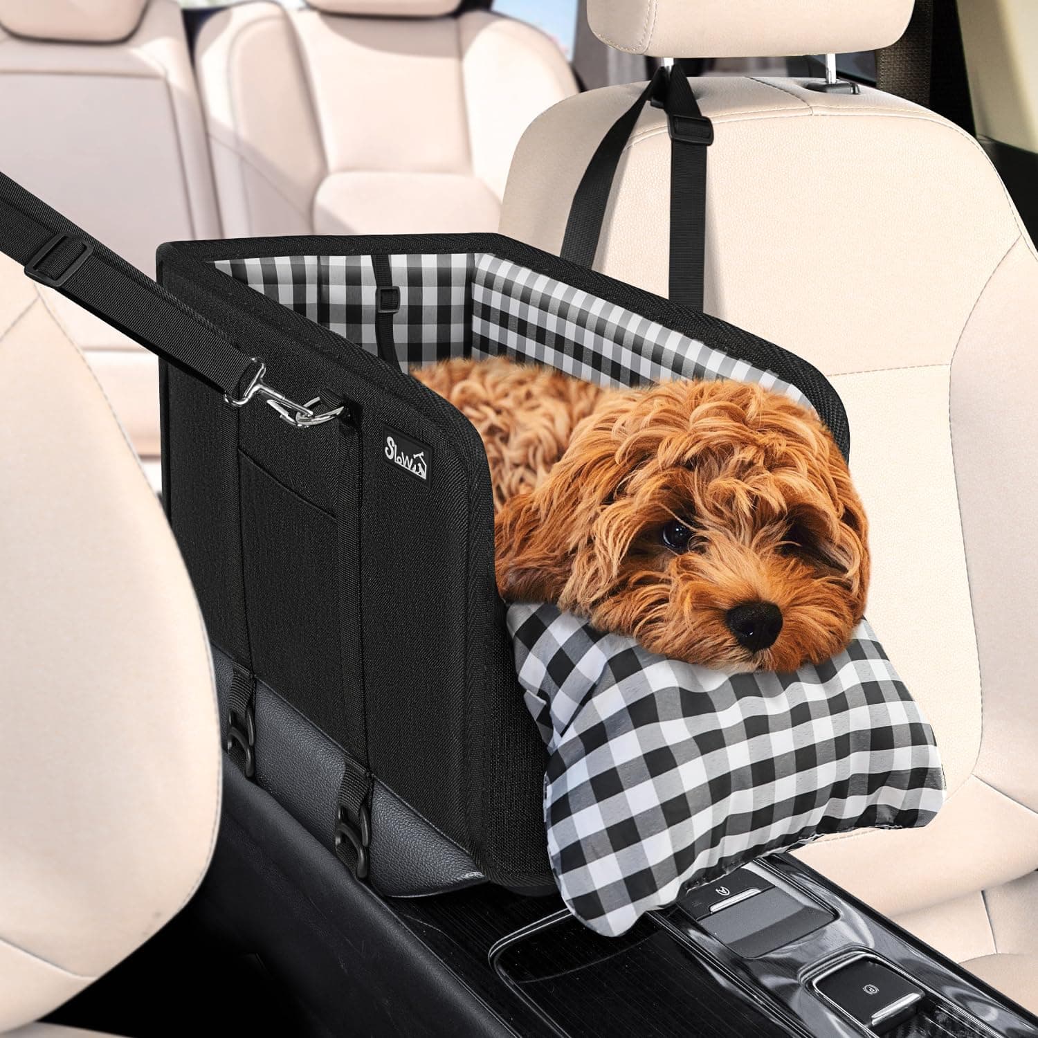 Console Dog Car Seat - Portable Dogs Armrest Booster Seat for Small Dog, Anti-Collapse Pet Car Seat with Soft Cushion Safety Belt, Support Pet Up to 11lbs (Black)