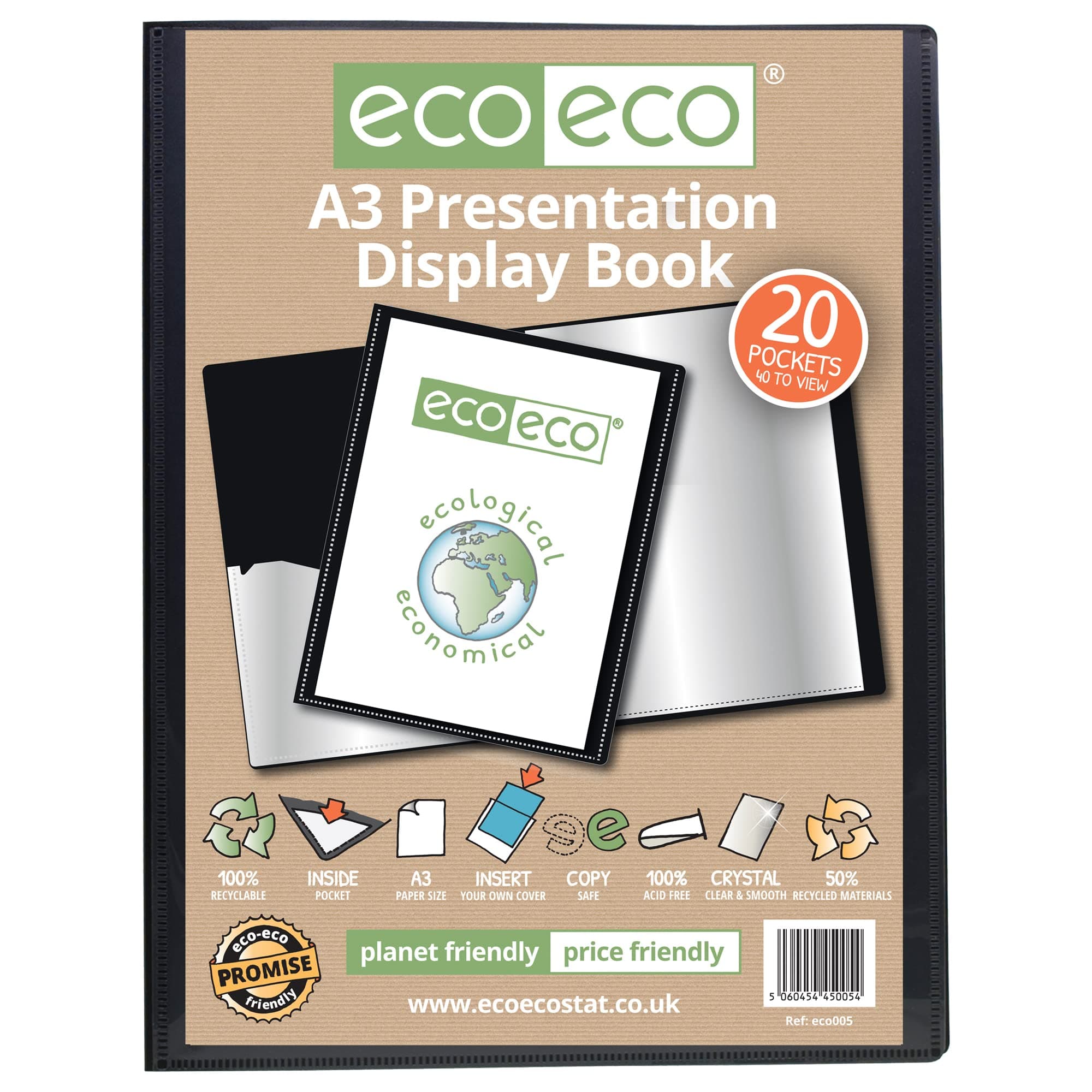 eco-eco A3 Size 50% Recycled 20 Pocket Black Presentation Display Book, Storage Case Portfolio Art Folder with Plastic Sleeves
