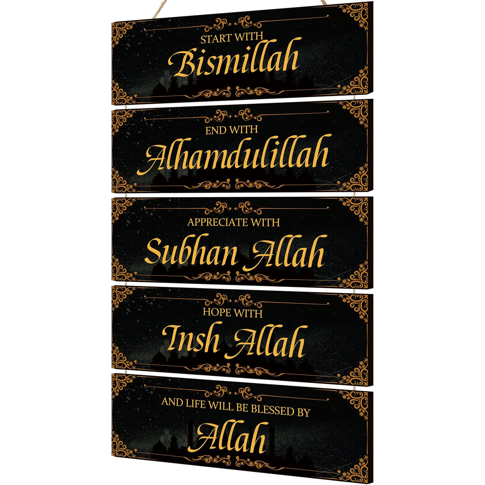 Islamic Wooden Wall Sign Decor Ramadan Decorations for Home Eid Ramadan Mubarak Eid Al Adha Decor Start with Bismillah End with Alhamdulillah Inspirational Wall Art for Muslim Home(Black, Gold)