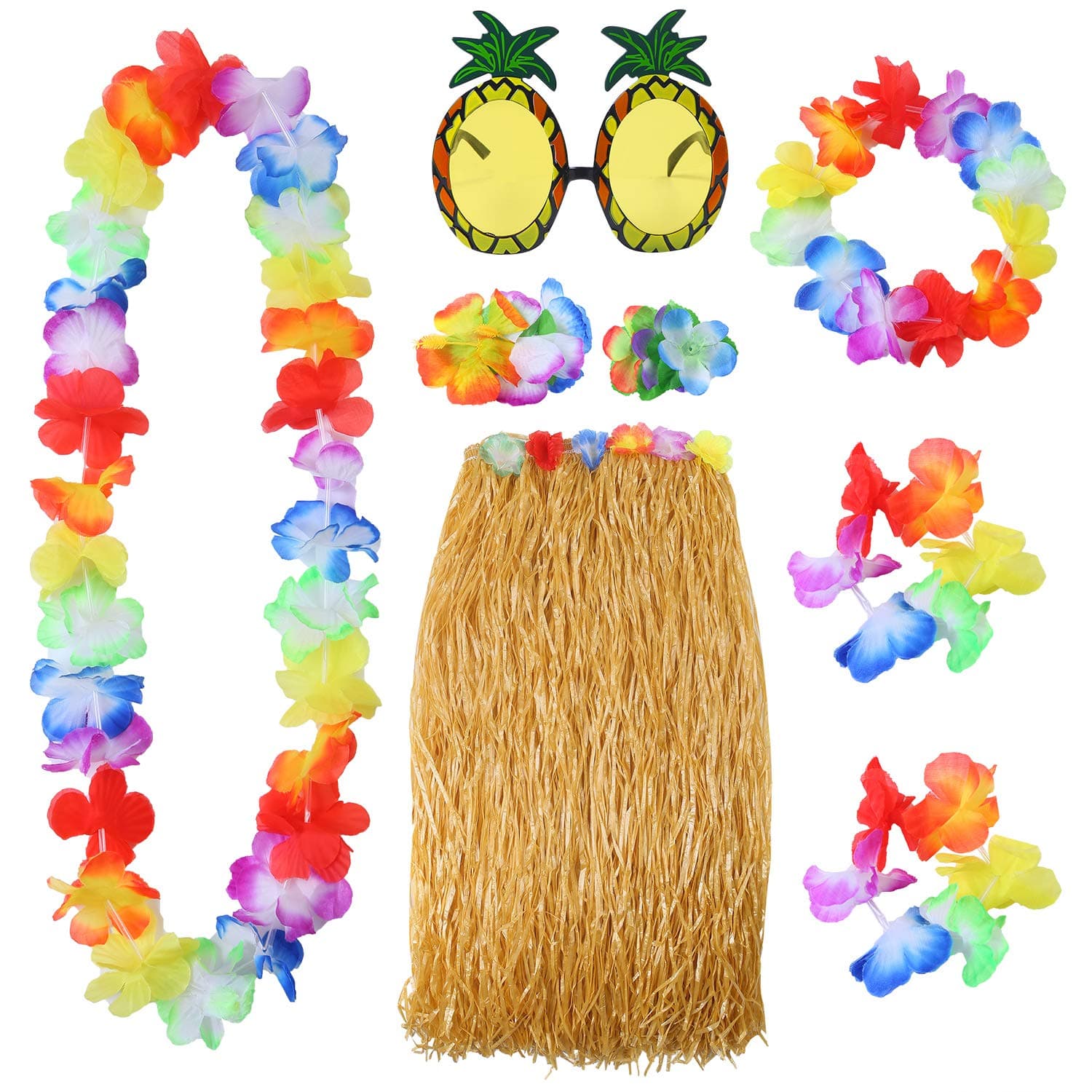 8 Pieces Grass Skirt Sunglasses Leis Necklace Bracelet Set Luau Decorations for Kids and Adults