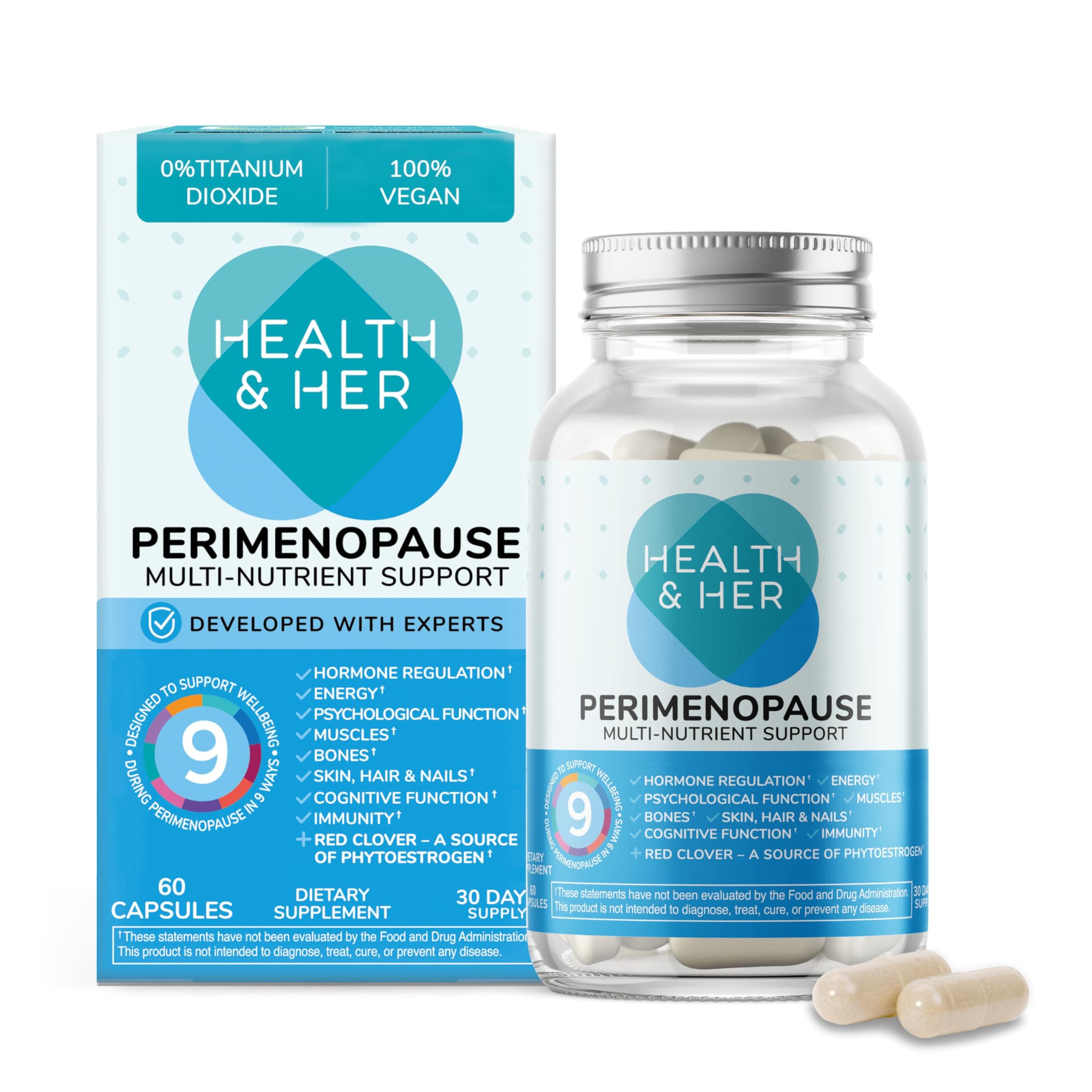 Health & Her Perimenopause Supplement for Women – The UK’s No.1 Perimenopause Supplement - Multi-Nutrient Wellbeing Support for Early Stage of Menopause, Vegan, Gluten-Free, Non GMO (60 ct - 1 Month)