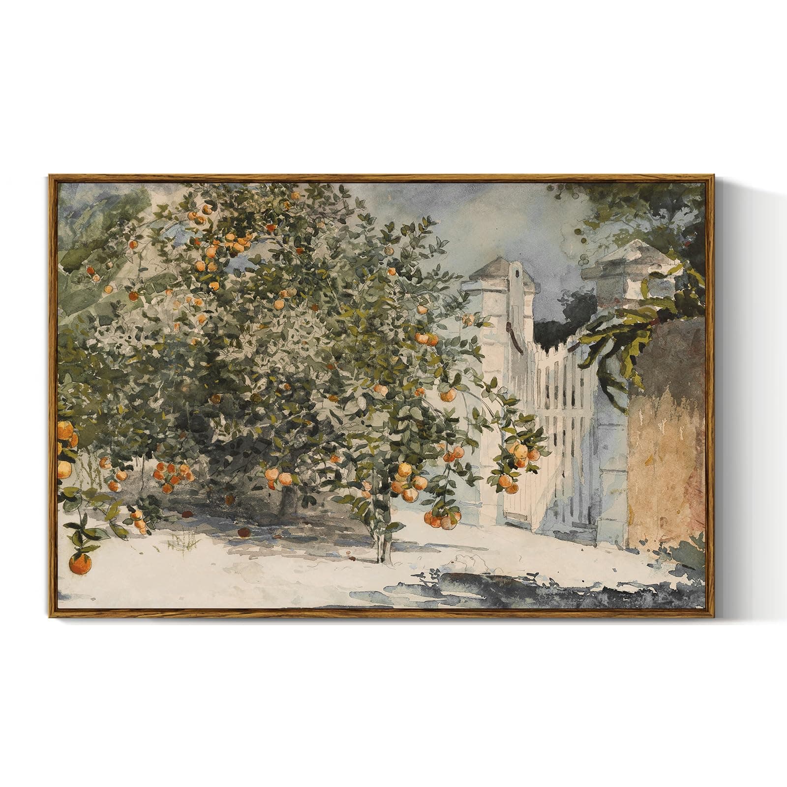 VIYYIEA Vintage Plant Large Framed Wall Art, Orange Trees and Gate Painting Decor Aesthetic, 24x36 Inch Canvas Print Artwork, Farmhouse Still Life Wall Pictures for Bedroom Living Room