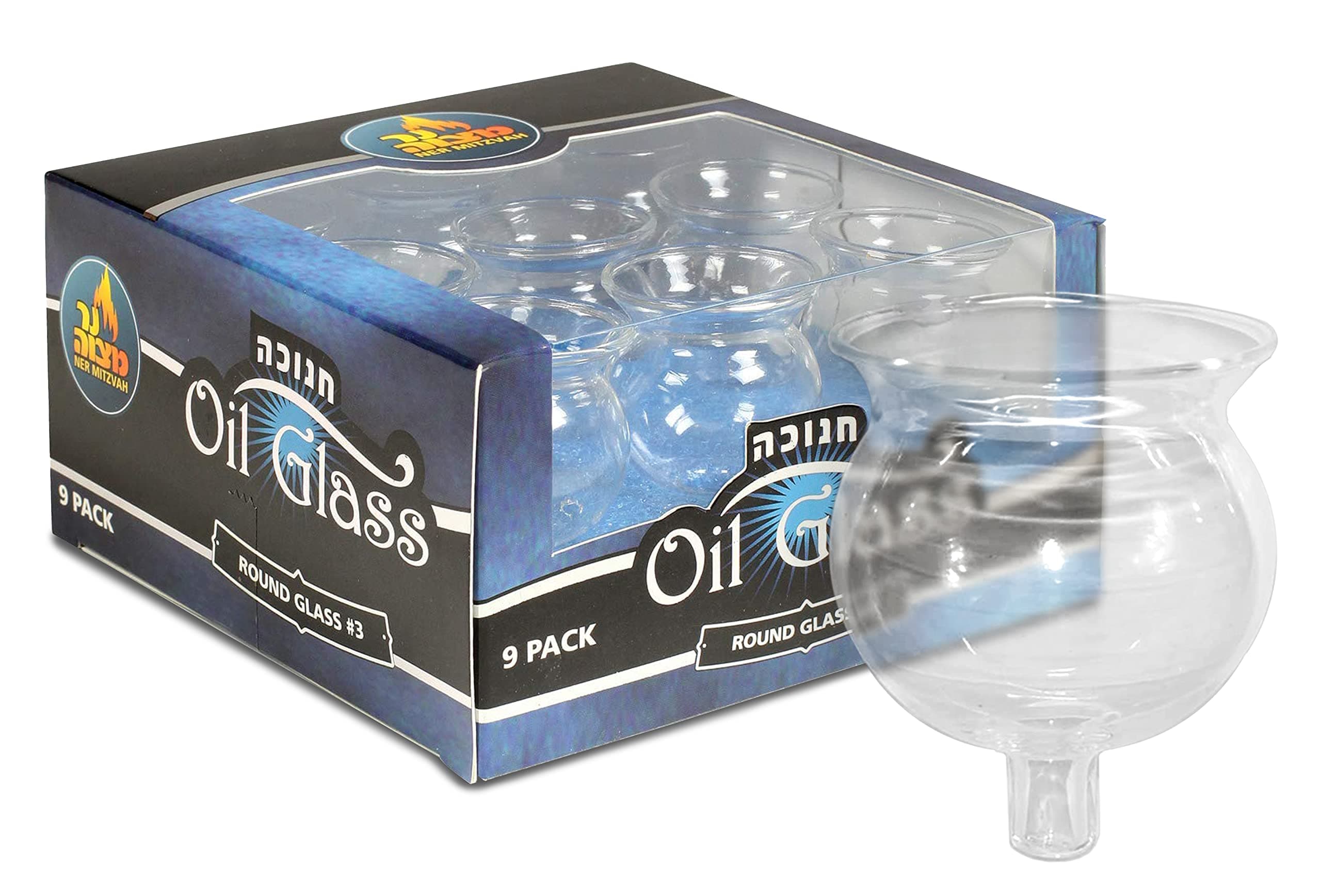 Ner Mitzvah Hanukkah Menorah Glass Oil Cups - Elegant Holders for Oil for Shabbos and Chanukah – Durable Quality, Long-Lasting - Size #3 (9-Pack)
