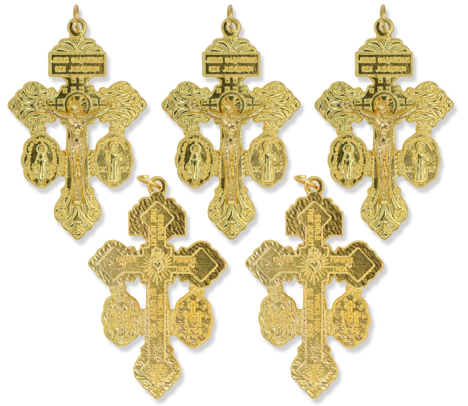 Pack of 5 - Triple Threat Pardon Crucifix St Benedict Crucifix and Miraculous Medal Plated Gold Rosary Parts Cross for Rosary Making - Large 2 1/8", Rosary Making Supplies Made in Italy
