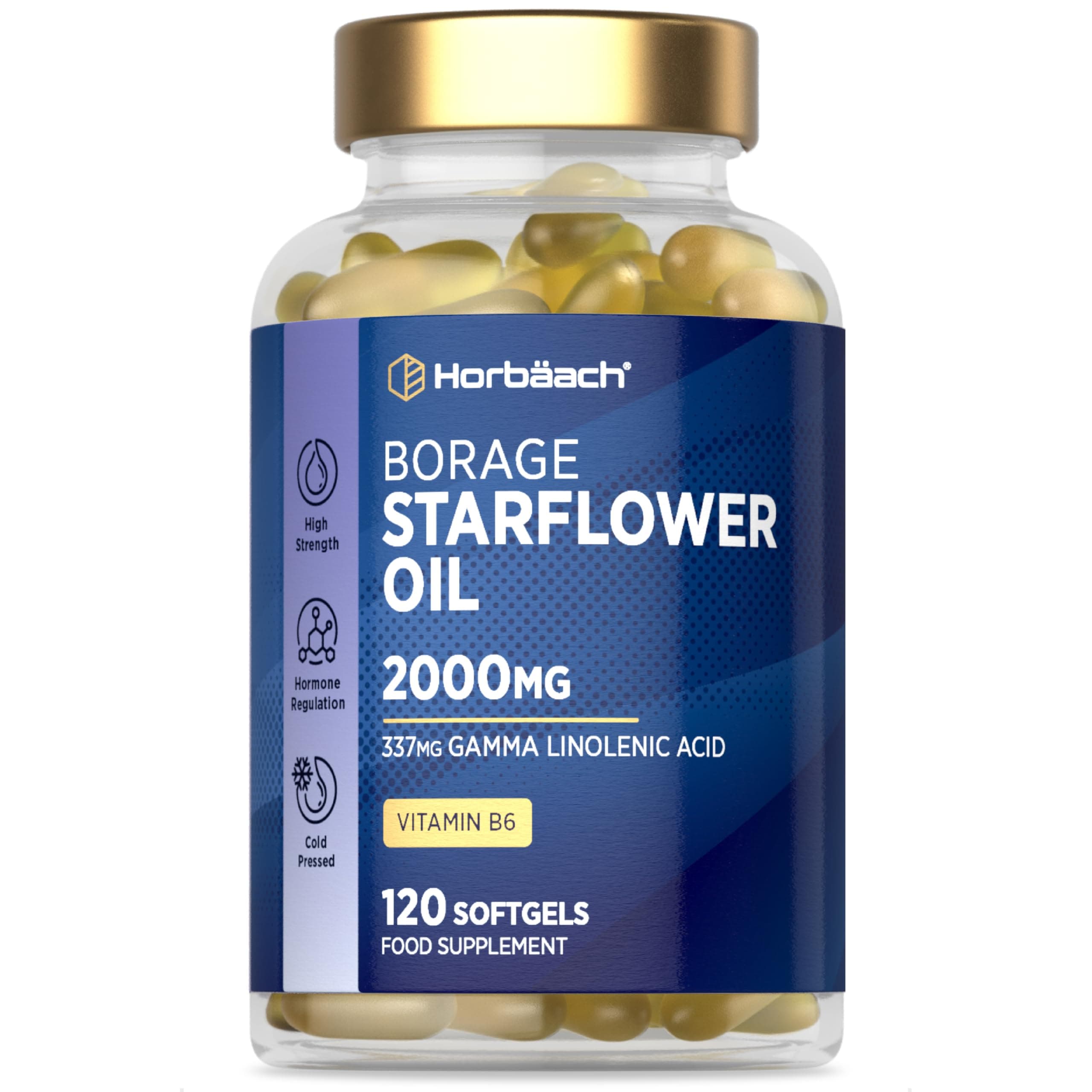 Starflower Oil Capsules 2000mg | 337mg GLA | Cold-Pressed Borage Oil with Vitamin B6 | Natural Source of Omega-6 | 120 Softgels | by Horbaach
