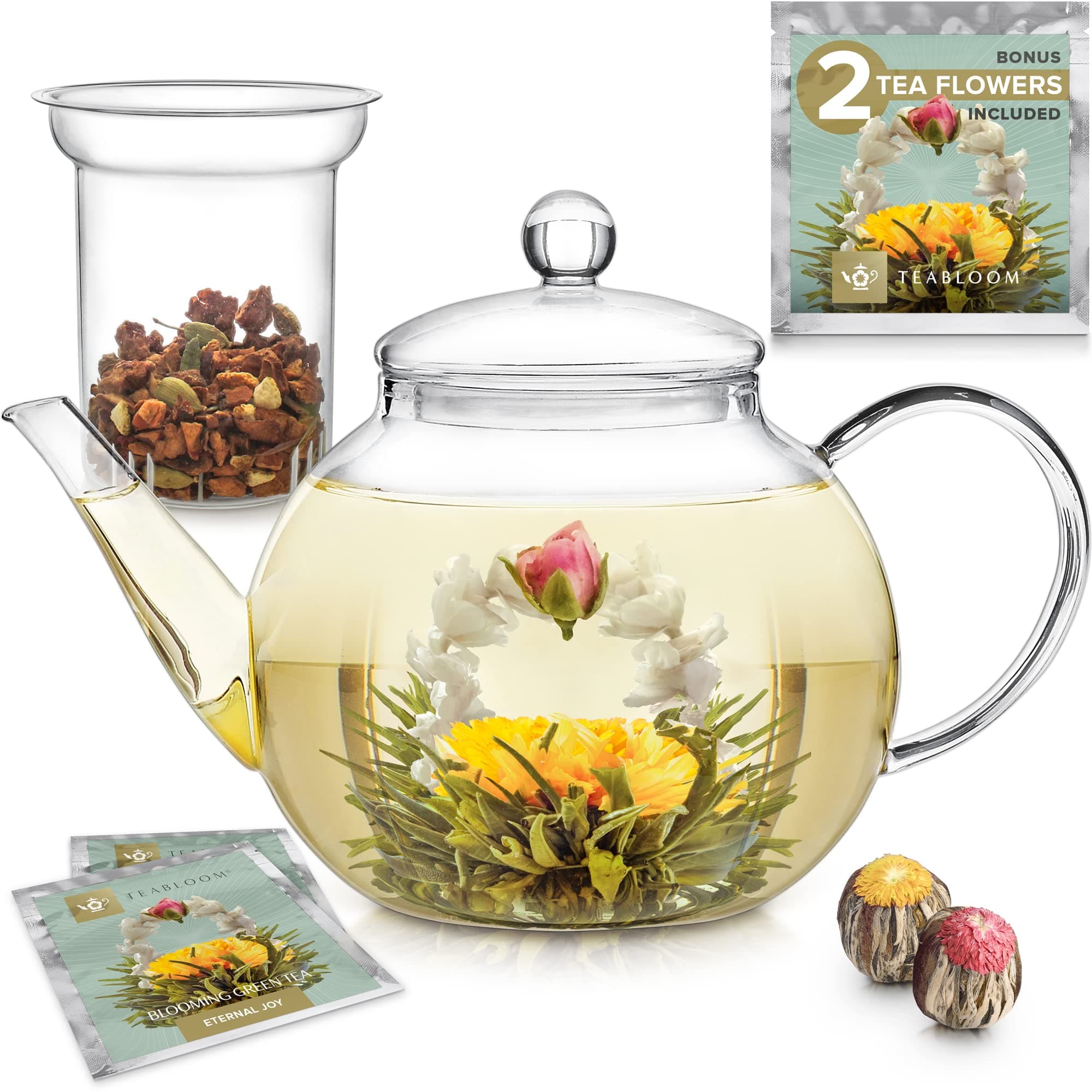 Teabloom Stovetop & Microwave Safe Glass Teapot (40oz) with Removable Loose Tea Glass Infuser - Includes 2 Blooming Tea - 2 in 1 Tea Kettle and Tea Maker