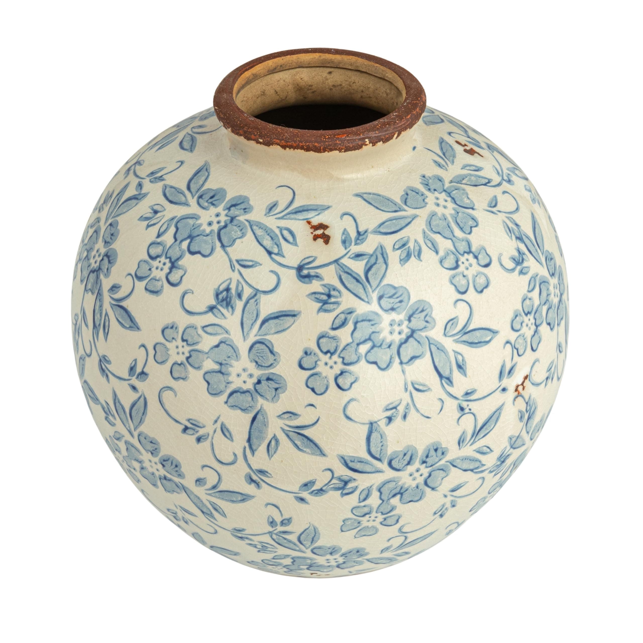 Creative Co-Op DF2720 8" H Terracotta Floral Transferware Pattern & Crackle Finish Vase, Blue