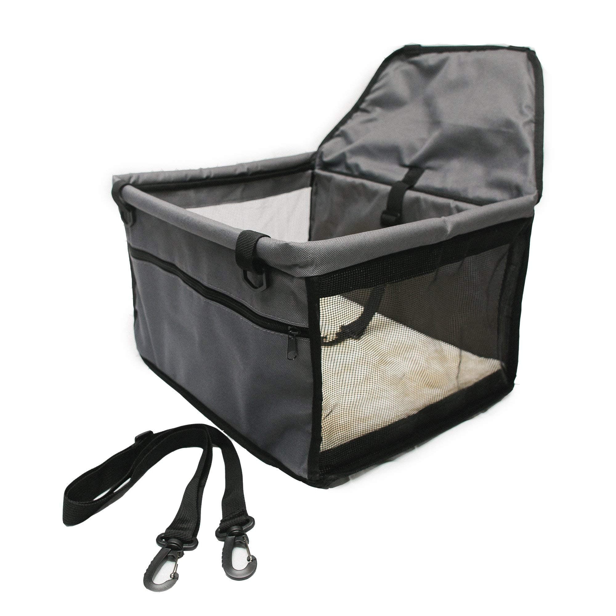 Pet Fun Factory Dog Car Booster Seat with Collapsible Metal Frame, Harness Clip and Thick Plush Pad for Carefree Travel (Small Breeds to 15 Lbs) Grey