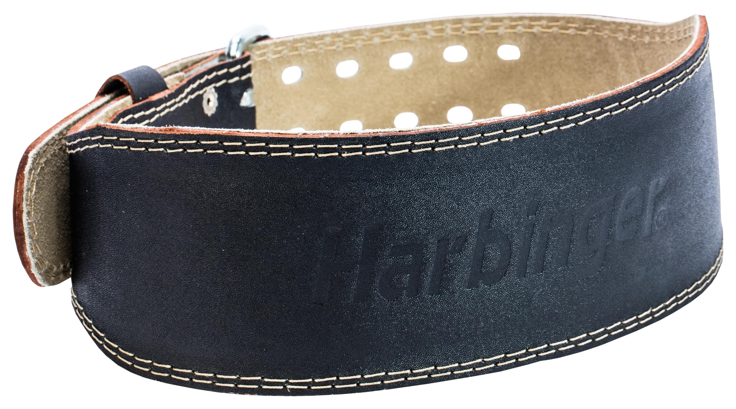 Harbinger Padded Leather Contoured Weightlifting Belt - 4" or 6” Width - Interior Suede Lining & Foam Cushioning - Heavy-Duty Dual Prong Steel Roller Buckle - for Lifting Support