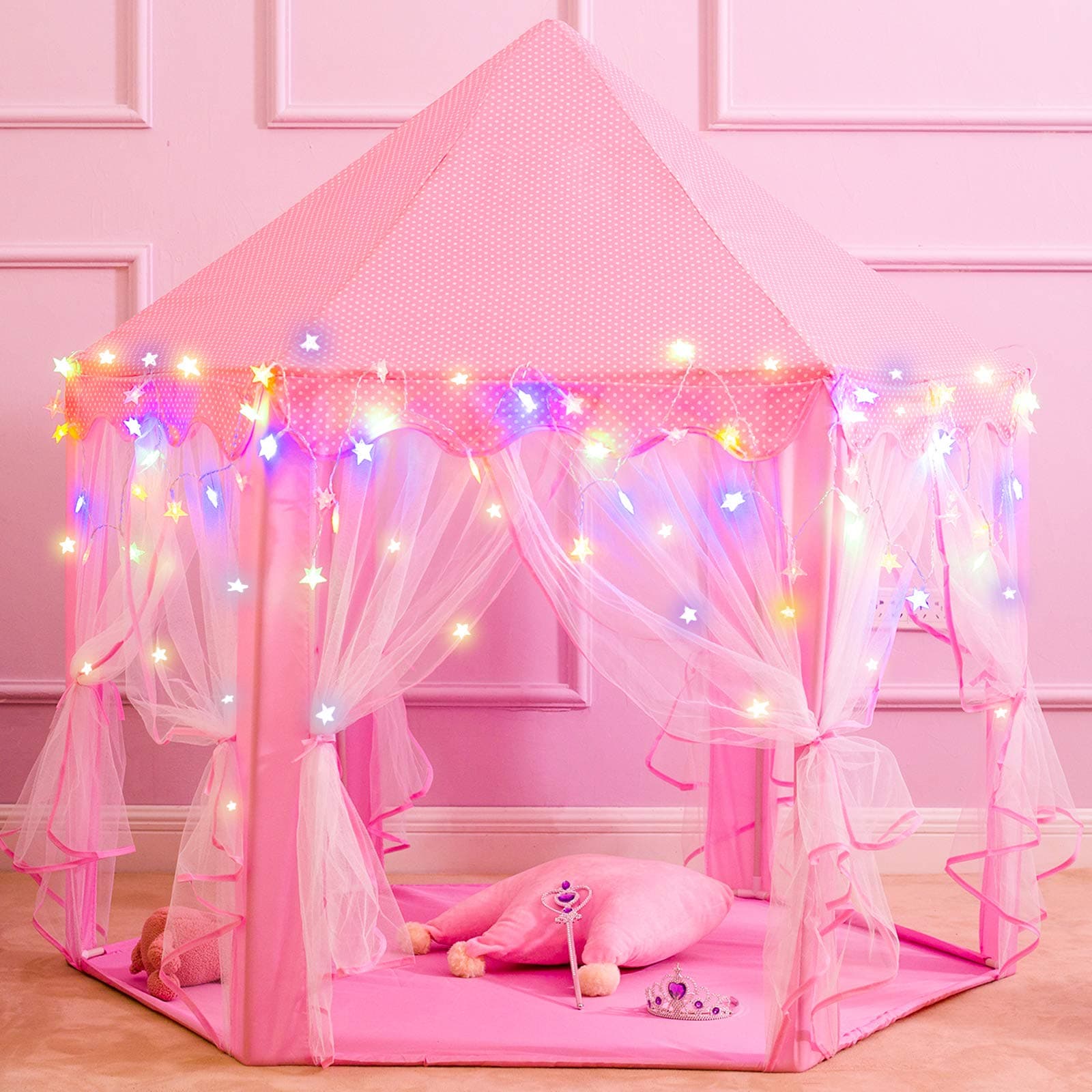 Princess Castle Play Tents for Girls, Kids Play Tent with Star Lights, Bonus Princess Tiara and Wand, Large Size 55" x 53" Pink Hexagon Kids Playhouses Indoor & Outdoor, Girl Toy Gifts Age 3+