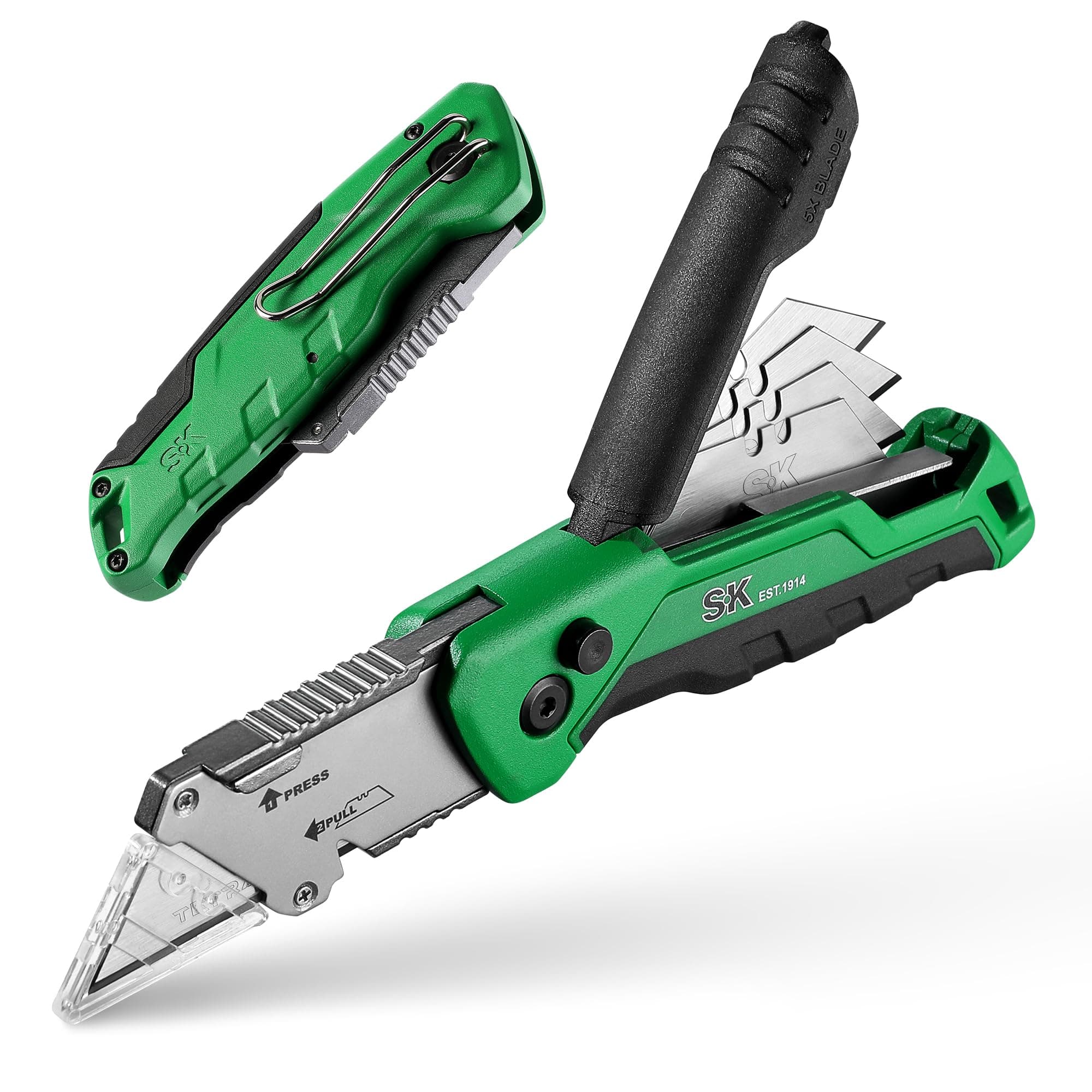 Folding Utility Knife with Additional Wire Cutter, Quick Change Box Cutter, Blade Storage in Handle, Extra 4 SK2M Blades Included