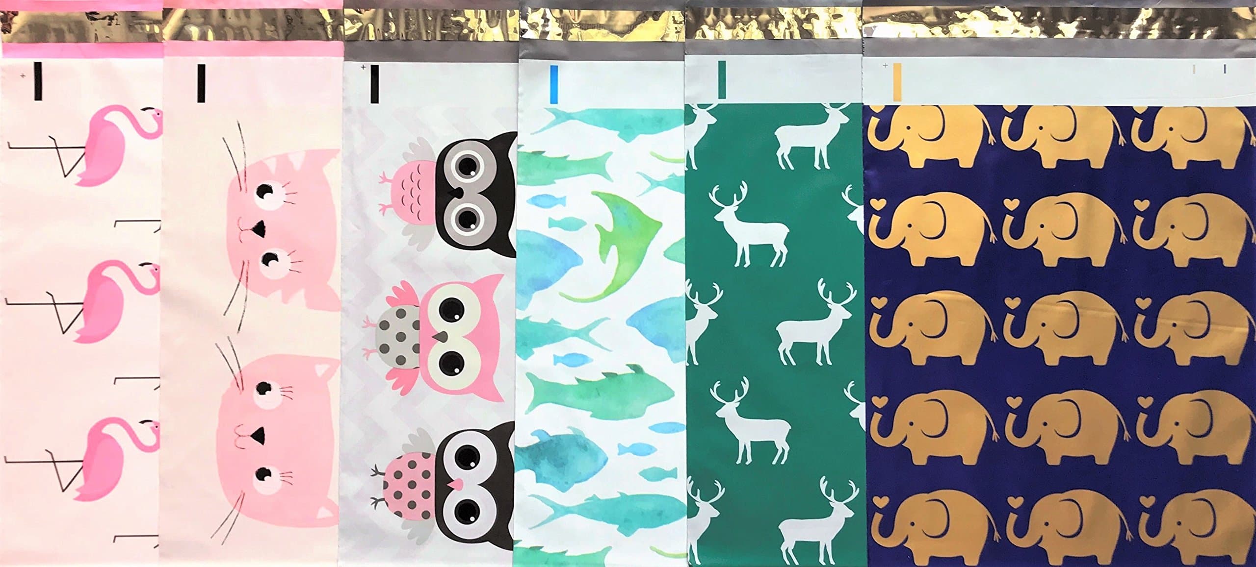 Designer Poly Mailers 10x13 : Animal Mix Pack ~ Pink Flamingo, Pink Cat, Owl, Marine Fish, Elk Deer, Gold Elephant; Printed Self Sealing Shipping Poly Envelopes Bag (30 Animal Mix Pack)