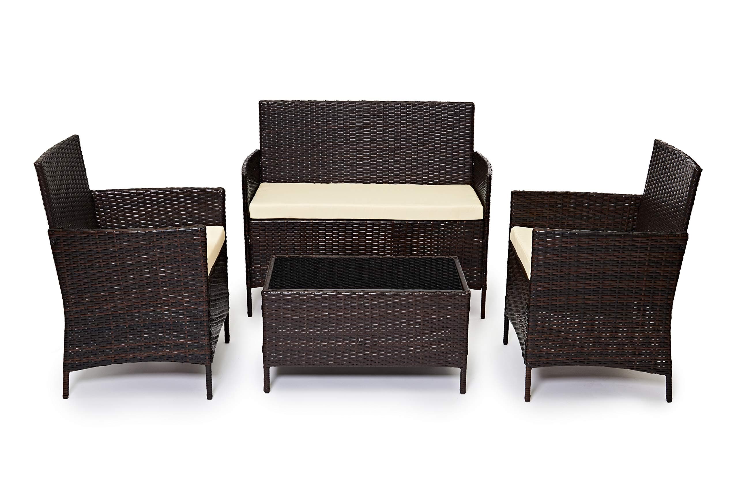 EVRE Brown Rattan Garden Furniture Set Patio Conservatory Indoor Outdoor 4 Seater Piece Modular Sofa Loveseat Chair Glass Top Coffee Table with Cushions