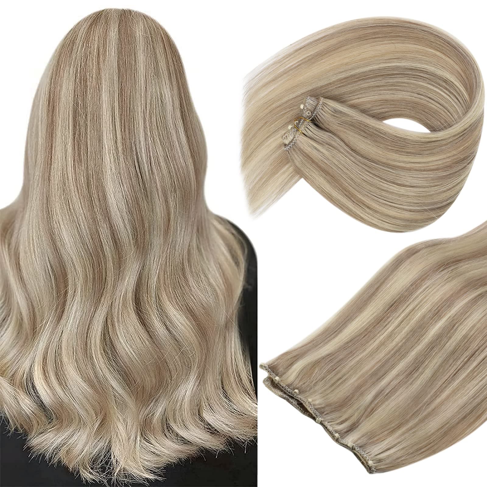 Sunny Microbead Weft Hair Extensions Blonde EZ Weft Human Hair Extensions Highlight Dark Ash Blonde Mix Light Blonde Beads in Weft Extensions Easy Weft Extensions 22inch 50g