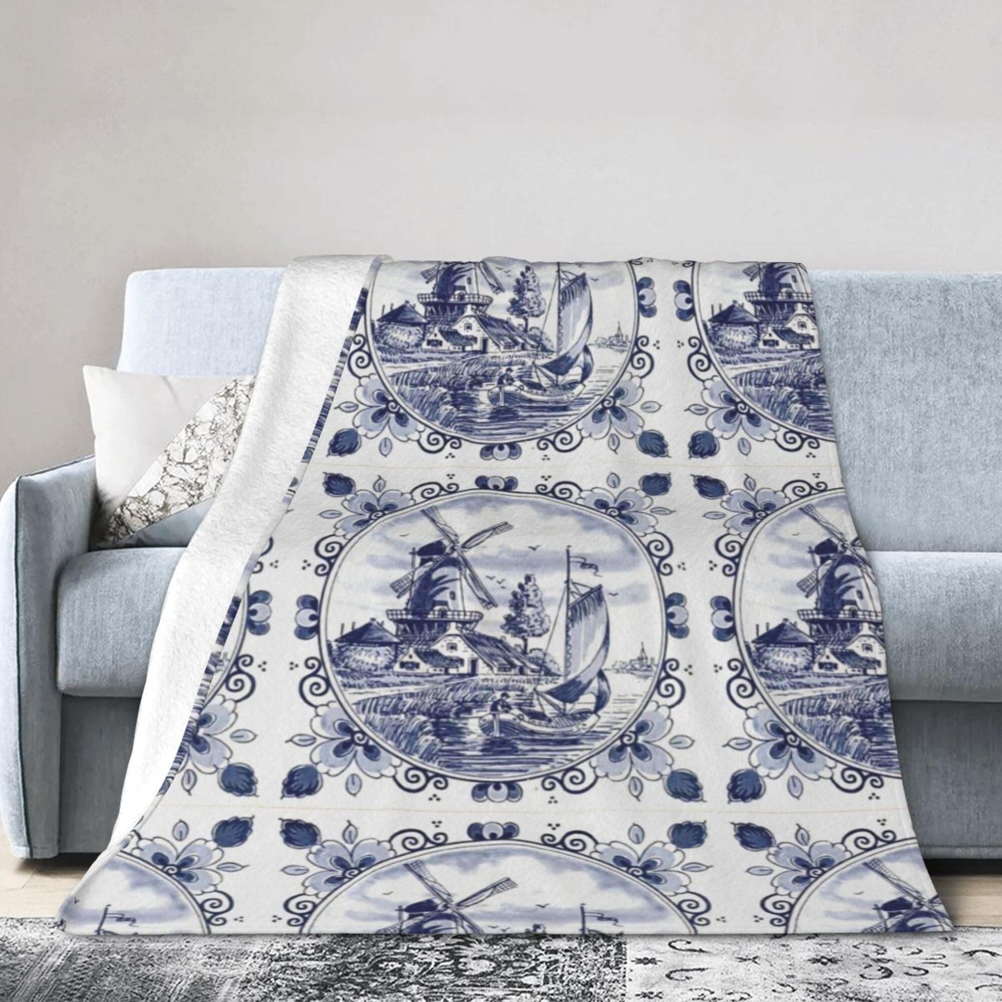 Nederland Cute Vintage Dutch Windmill Delft Blue Blanket Super Soft Flannel Blanket Comfy Cozy Throw Blanket Couch Lightweight Blankets for Living Room Bedroom 40"x30"