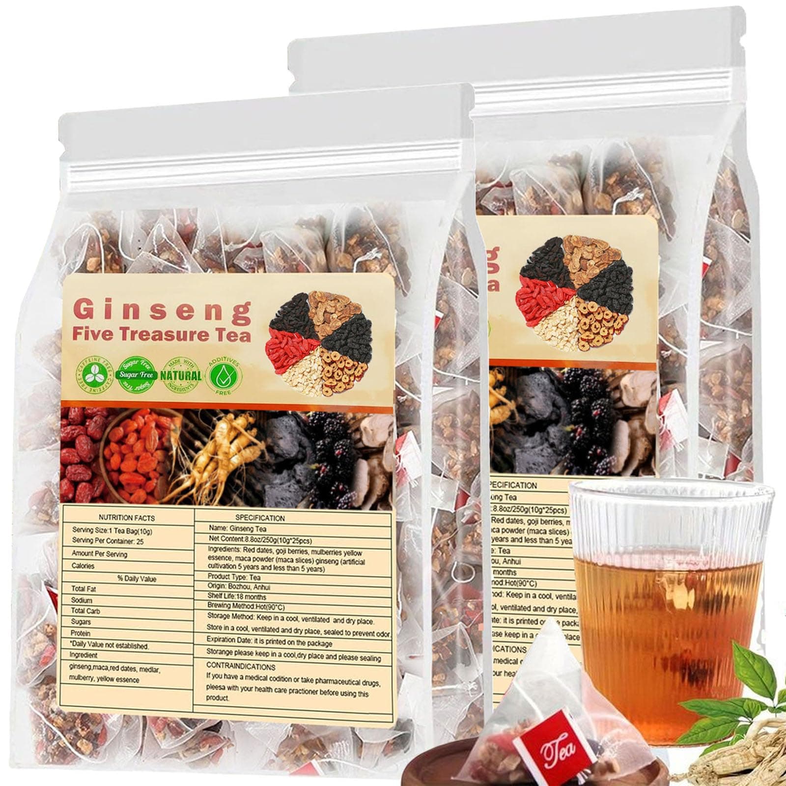 Ginseng Five Treasure Tea - Kidney Tea Wubao Tea, Kidney Tea Formula Ginseng Five Treasure Tea, Kidney Cleanse Tea Chinese Tea for Men Women (2Pack(50Bags))