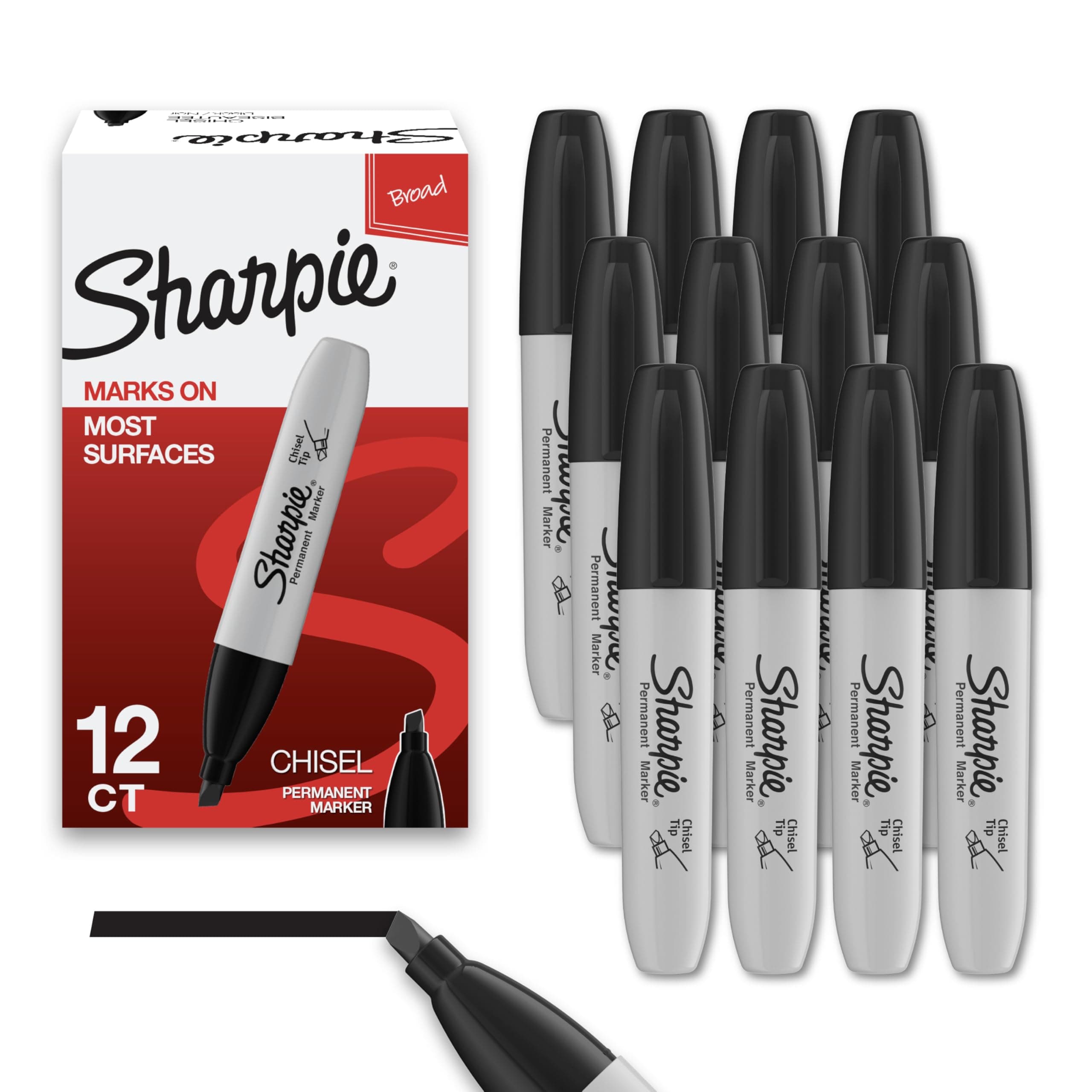 Sharpie Permanent Markers, Chisel Tip, Black, 12 Count - Home, School, Office Supplies