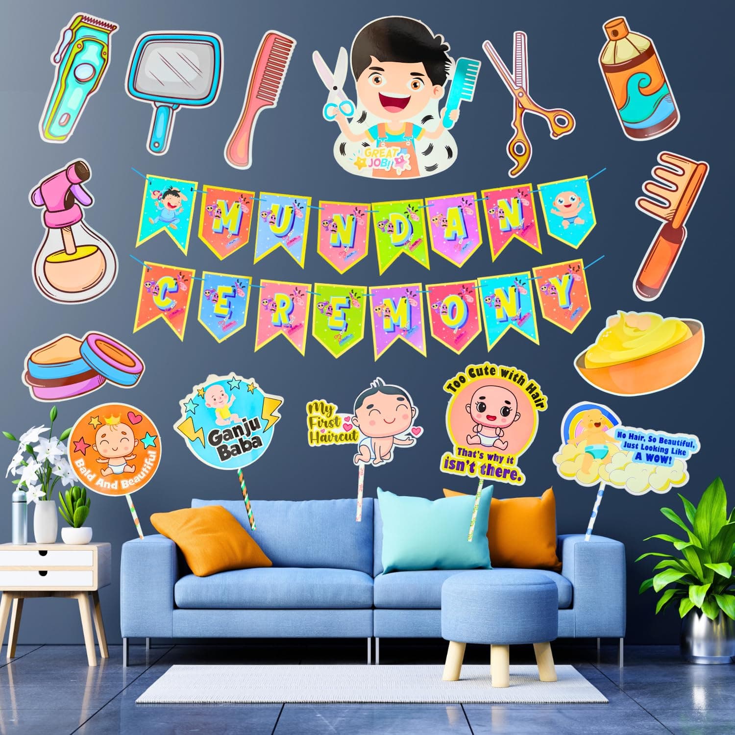 Party Decorz My First Hair Cut Decoration Set of 16 pcs, Mundan Sanskar Paper Banner (1 Set), Hair Cut/Mundan Ceremony Paper Cutout (10 Pcs), Hair Cut Party Props (5set) (Desgin-2)