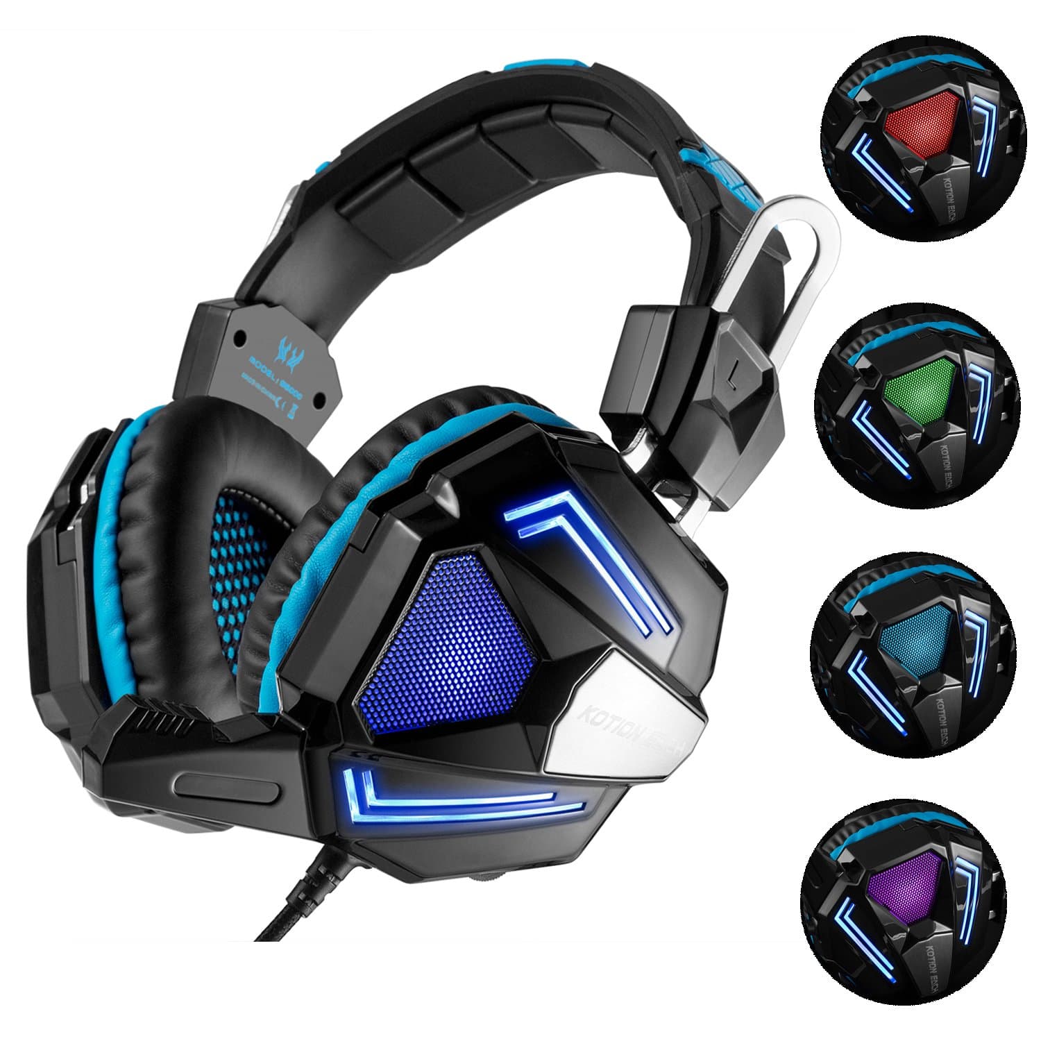 Gaming Headset, Eshop Stereo Computer Headset with Mic & LED Light & Volume Control, Wired Over-ear Noise Cancelling Headphones Earphones for PC Computer Tablet Laptop (Black-blue)