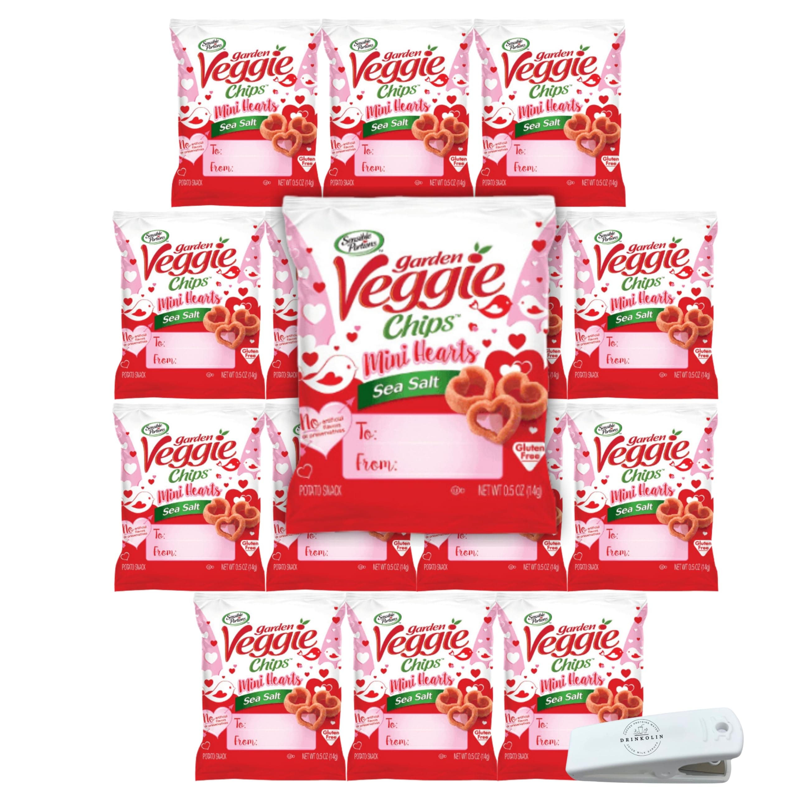 Sensible Portions Garden Veggie Snacks Mini Hearts Sea Salt Veggie Chips, Valentine's Day, Pack of 15, With Surprise gift bag clip, By Drinkolin